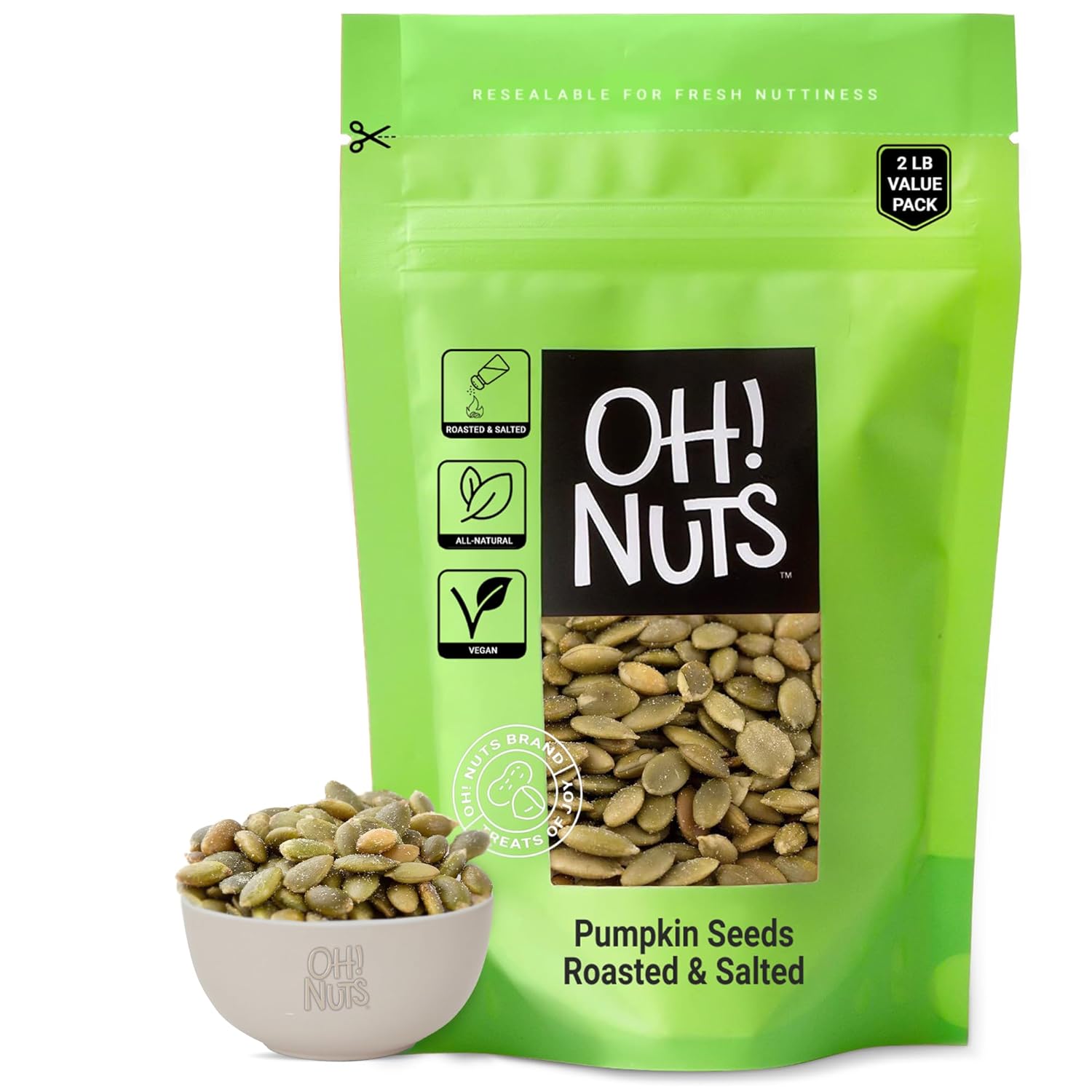 Oh! Nuts Pumpkin Seeds - Dry Roasted Salted - 2 lb - Shelled and Sprouted Pepitas - Packed in New York Zip-Seal Bag for Exceptional Freshness