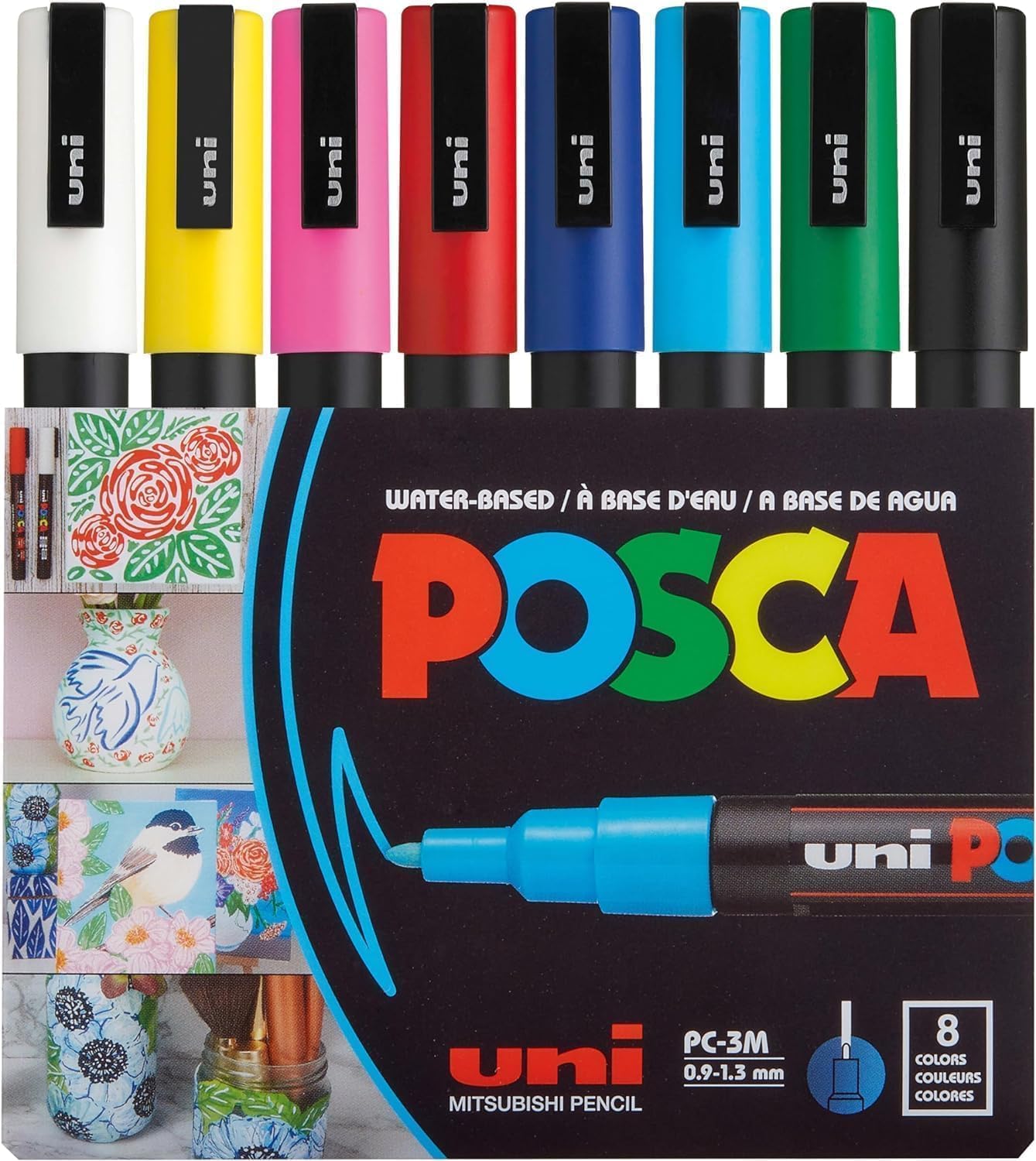 POSCA® PC-3M Paint Markers, Fine Tip (0.9-1.3mm), Assorted, 8 Pack | Water-based opaque paint for 50+ surfaces, bullet tip control & precision, quick-drying, mixable & layerable, ACMI-certified