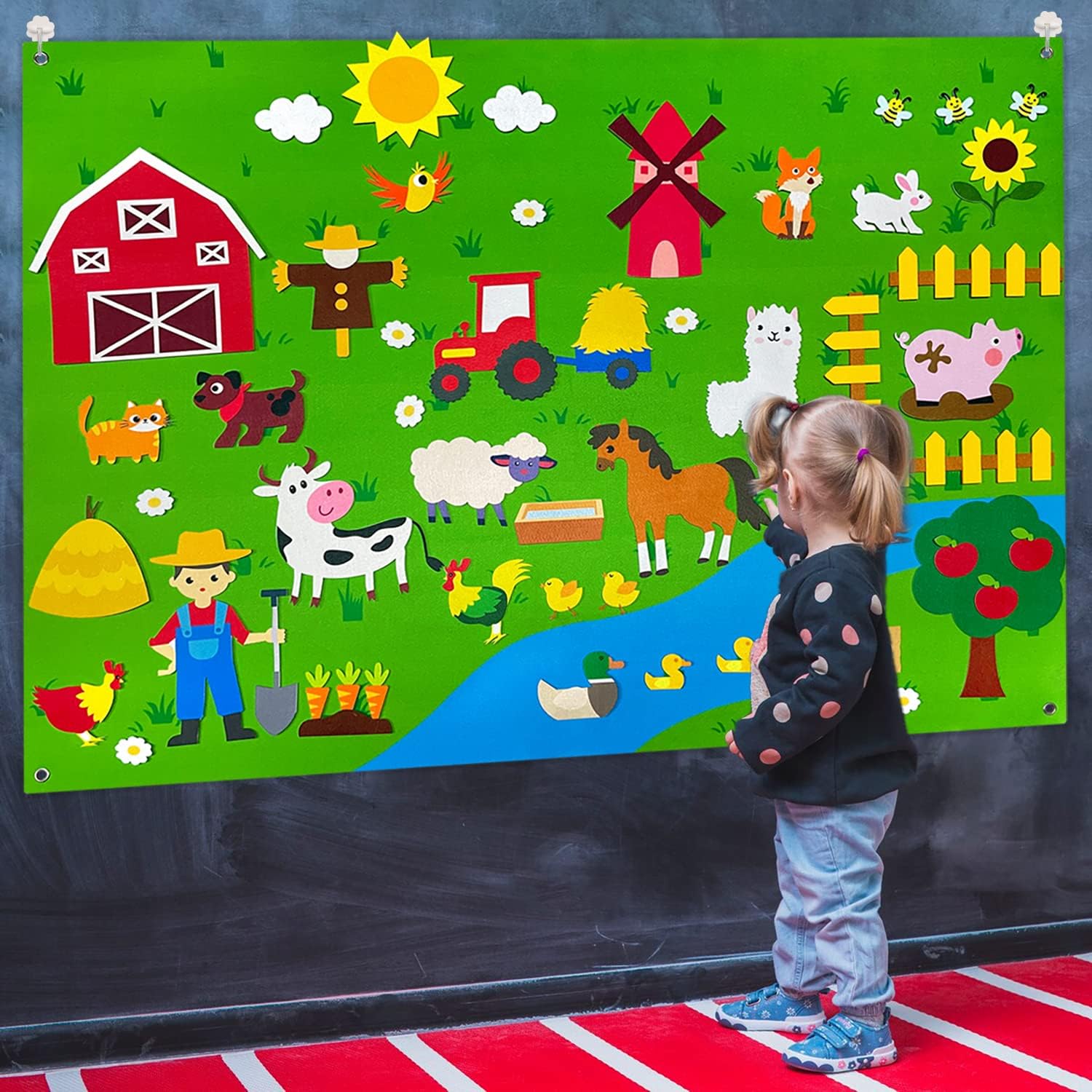 61 Pcs Farm Animals Story Felt Board, 3.6 Ft Farmhouse Themed Play Mat Wall Hanging Kit Toys, Birthday Gift for Toddlers Childrens