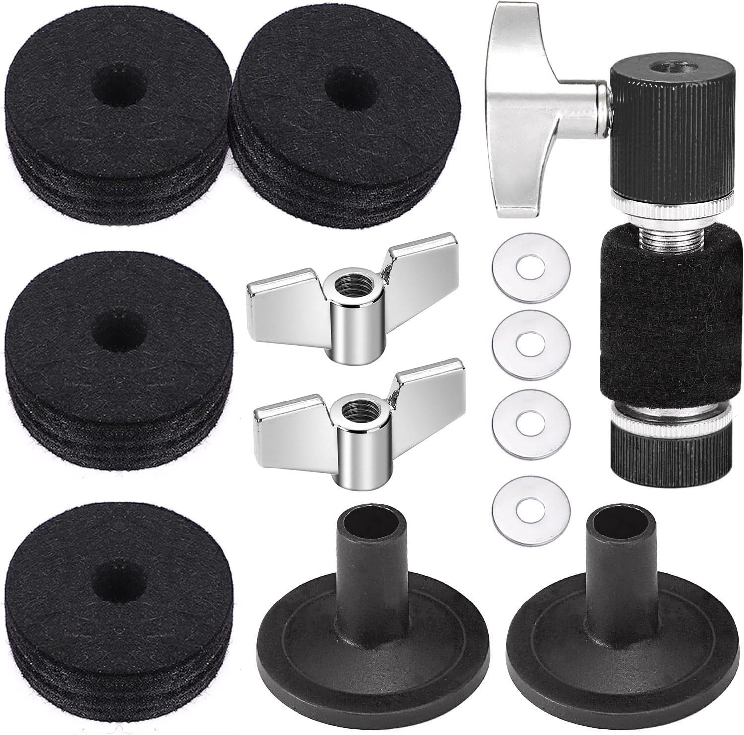 Facmogu 13PCS Cymbal Replacement Accessories, Standard Hi-Hat Clutch Set | Drum Cymbal Felt Pads Include Wing Nuts, Washers, Plastic Cymbal Sleeves | Cymbal Accessory Replacement for Drum Set - Black