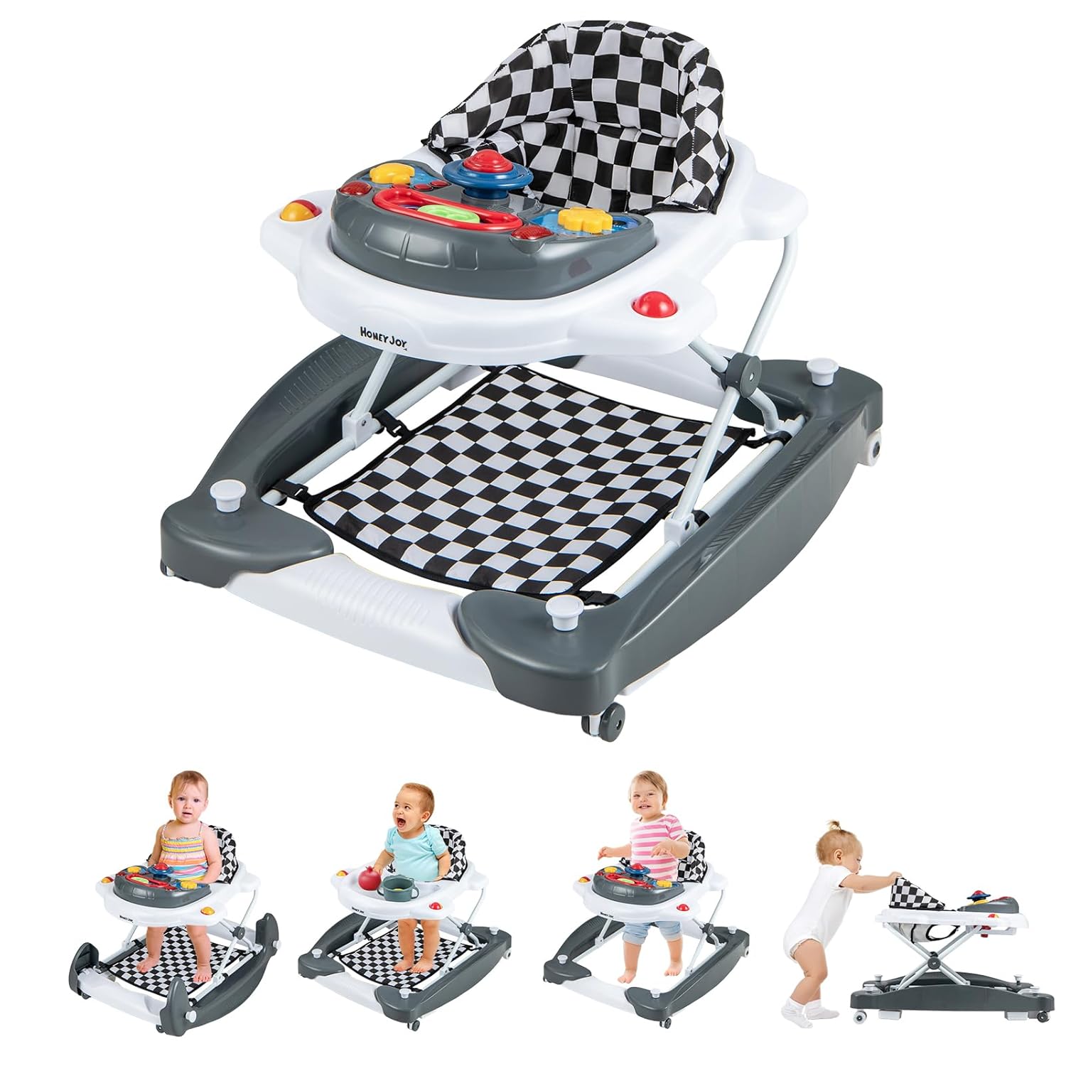 HONEY JOY Baby Walker, 6-in-1 Foldable Baby Walker and Bouncer Combo, Infant Activity Walker with Wheels, Adjustable Heights, Rocker, Music, Lights, Walker for Baby Boy Girl 7-14 Months (Gray)