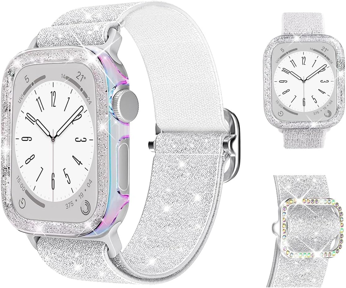 Stretchy Band and Bling Bumper Case Compatible with Apple Watch 40mm 38mm 41mm 42mm 44mm 45mm 46mm Women, Elastic Nylon Straps and Glitter Protective Frame for iWatch Series 10 9 8 7 6 5 4 3 2 1 SE