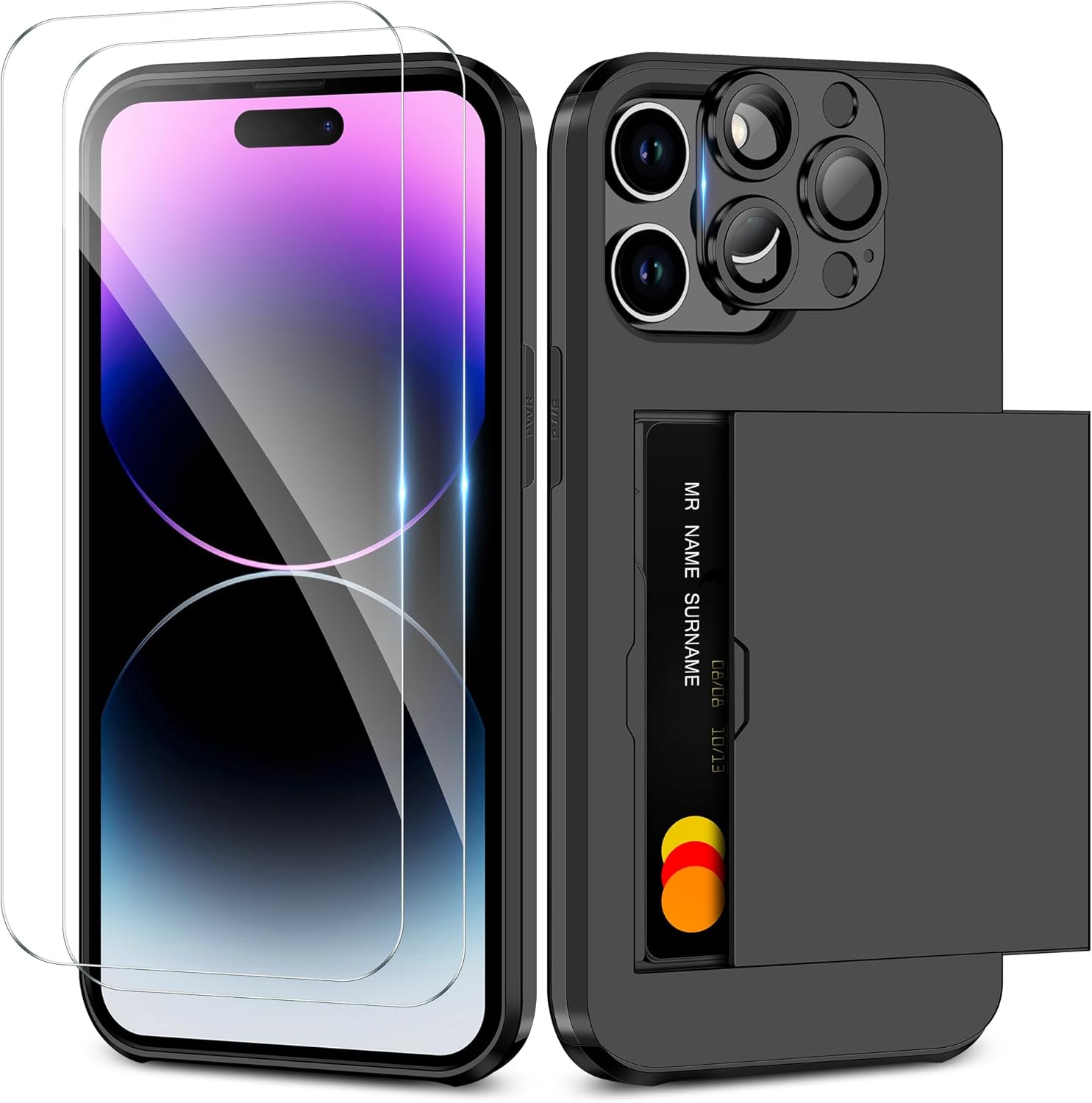 Coolden for iPhone 15 Pro Case with Card Holder & 2 Screen Protector + 1 Camera Lens Protector Full Body Heavy Duty Protective Case Shockproof Wallet Case Cover for iPhone 15 Pro Phone Case-Black