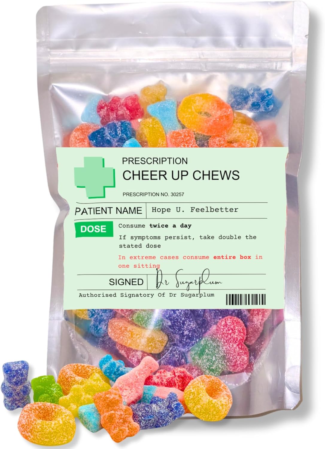 Jellylicious Cheer Up Chews – Funny Get Well Soon Gift – 500g Vegan Fizzy Sweet Mix in Prescription Bag – Feel Better Gift for Men, Women, Friends, Recovery & Just Because