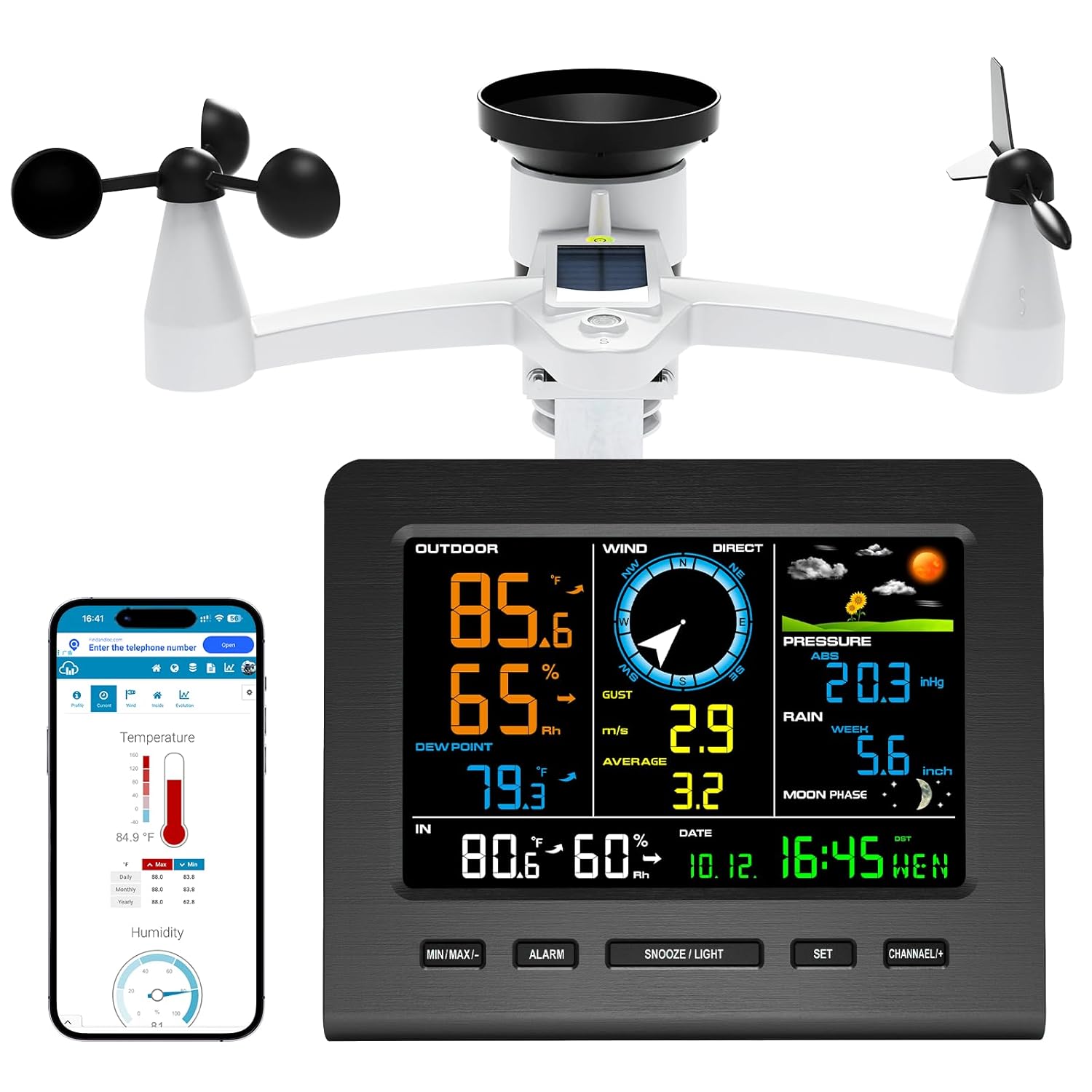 Urageuxy WiFi Weather Stations Wireless Indoor Outdoor, Home Weather Station with Rain Gauge, Wind Speed/Direction, Indoor/Outdoor Thermometer/Humidity, Moon Phrase, Alarm Clock, Barometric Pressure