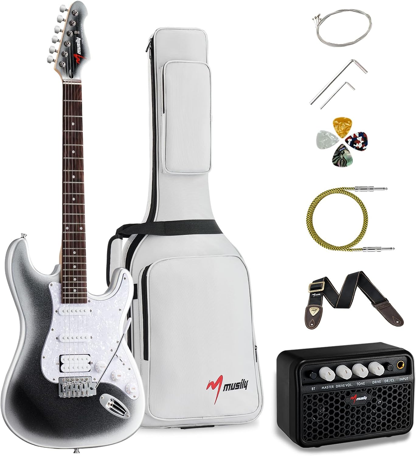 MST-1 39 Inch Electric Guitar Kit, Beginner Starter Full Size Solid Body Electric Guitar With HSS Pickups, Gig Bag, Amplifier, Strap, Cable, Picks, String (MetalBlackBurst)