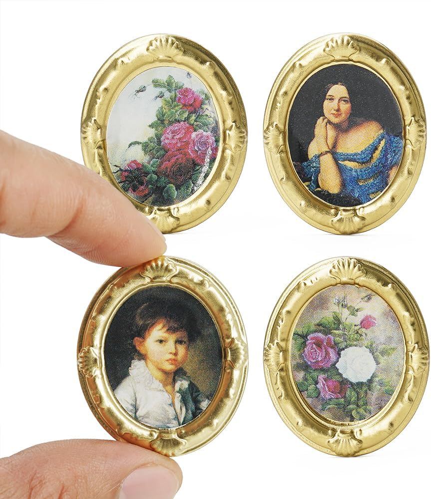 Odoria Dollhouse Wall Art Miniature: 1/12 Scale Framed Picture Oval for Victorian Vintage Living Room - Mini Painting Golden Antique for Gallery - Tiny Portrait Flower Artwork Paper 4Pcs