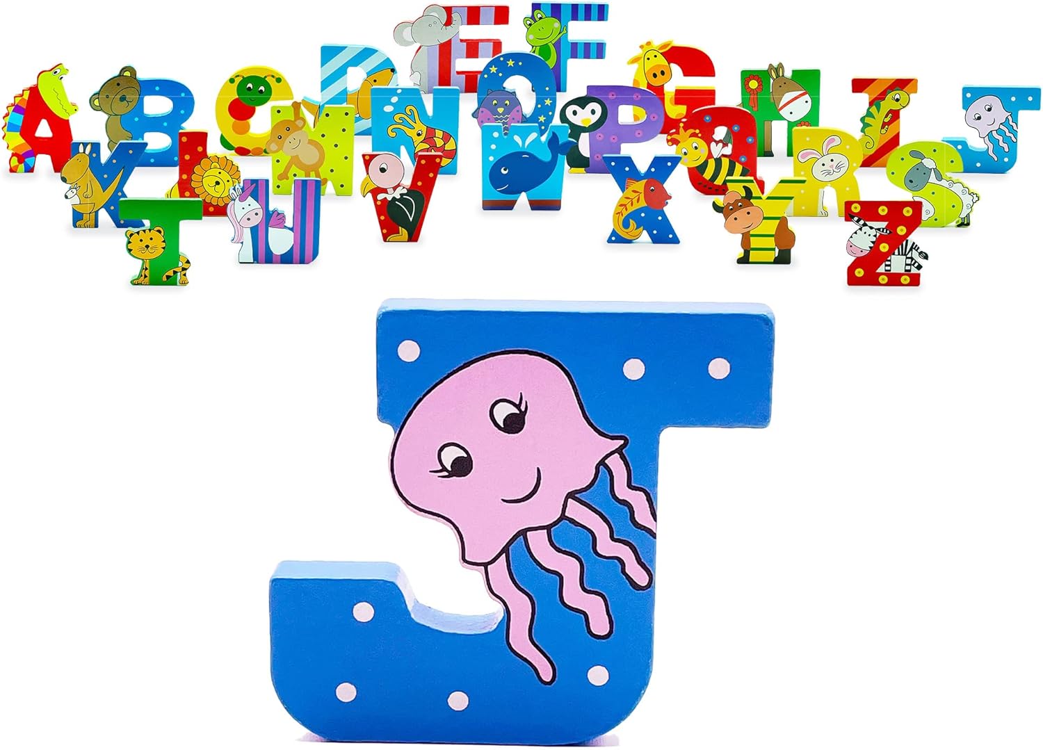 Wooden Letters by Orange Tree Toys, Letter J for Jellyfish - Alphabet Animal Letters for Personalised Baby Name, Toy Box, Door, Wall Decorations - Animals Nursery Decor, Boys Girls Bedroom Accessories