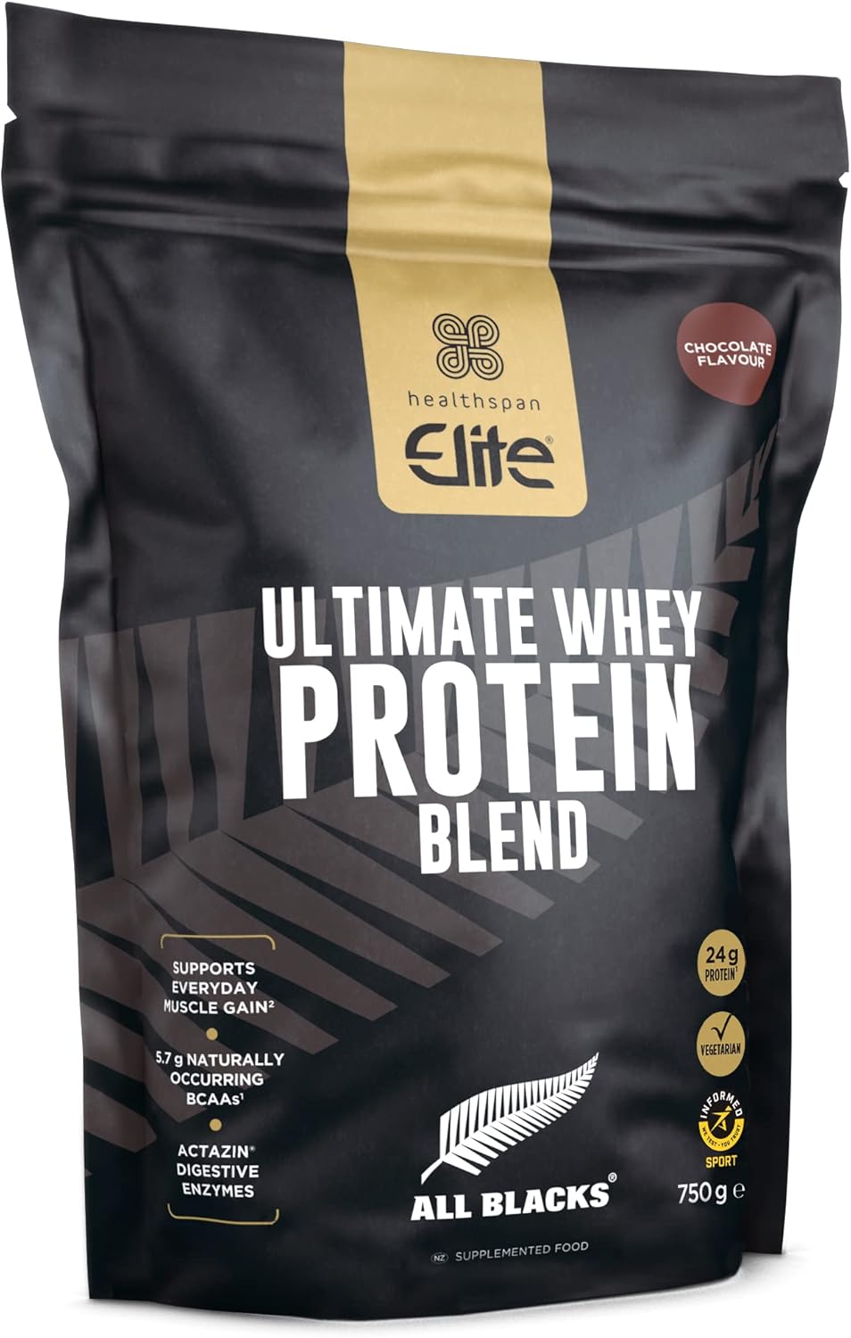 Healthspan Elite All Blacks Ultimate Whey Protein Blend (750g) | Whey Concentrate & Isolate Proteins | 24g Protein Per Serving | Muscle Gain | 5.7g BCAAs | Contains Actazin | Vegetarian (Chocolate)