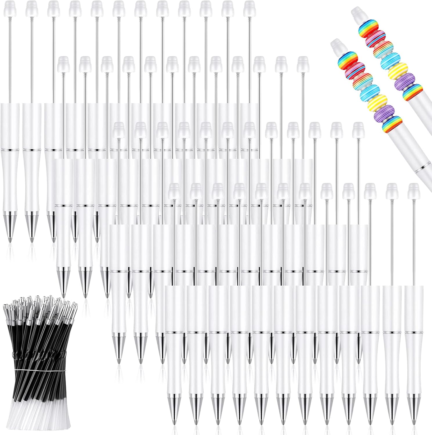 Crtiin 100 Pieces Plastic Beadable Pen Bulk Kit 50 Bead Ballpoint Shaft Black Ink Beaded Pens with 50 Refills for DIY Making Christmas Holiday Gift for Kid Student Office(White)