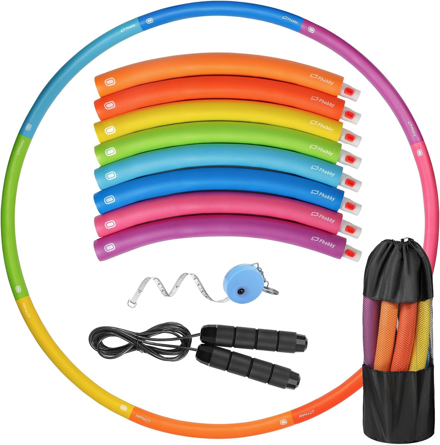 Phobby Weighted Exercise Hoop for Adults, Adjustable Fitness Hoop | 8 Detachable Hoop Sections with Jump Rope & Storage Bag, Home Gym Workout