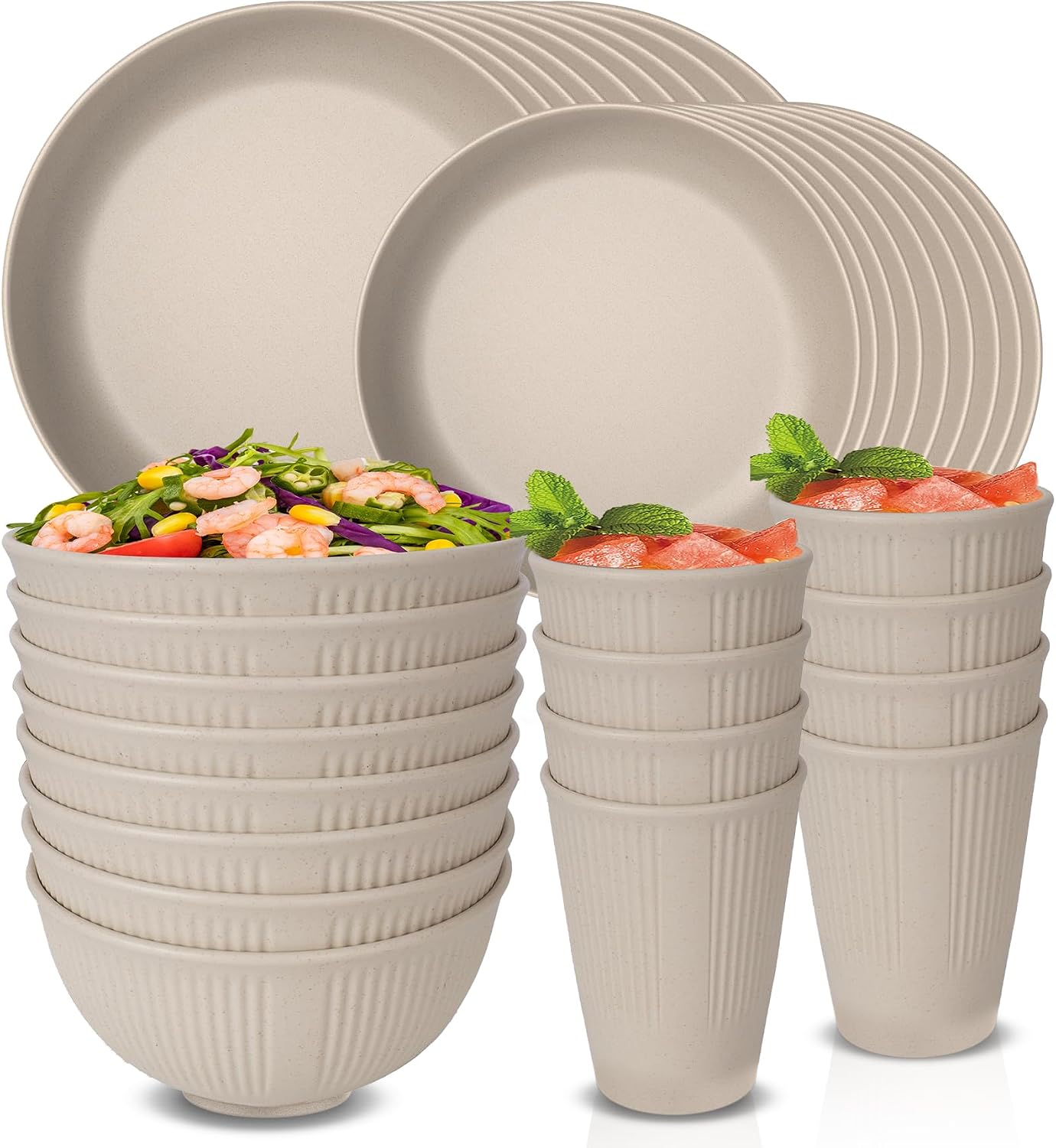 Unbreakable Dinnerware Sets for 8 Peple, Plastic Plates and Bowls Set Reusable Tableware Set, Microwave Dishwasher Safe, Camping Picnic Home Party Dinner Set 16pcs Plates, 8pcs Bowls, 8pcs Cups, Beige
