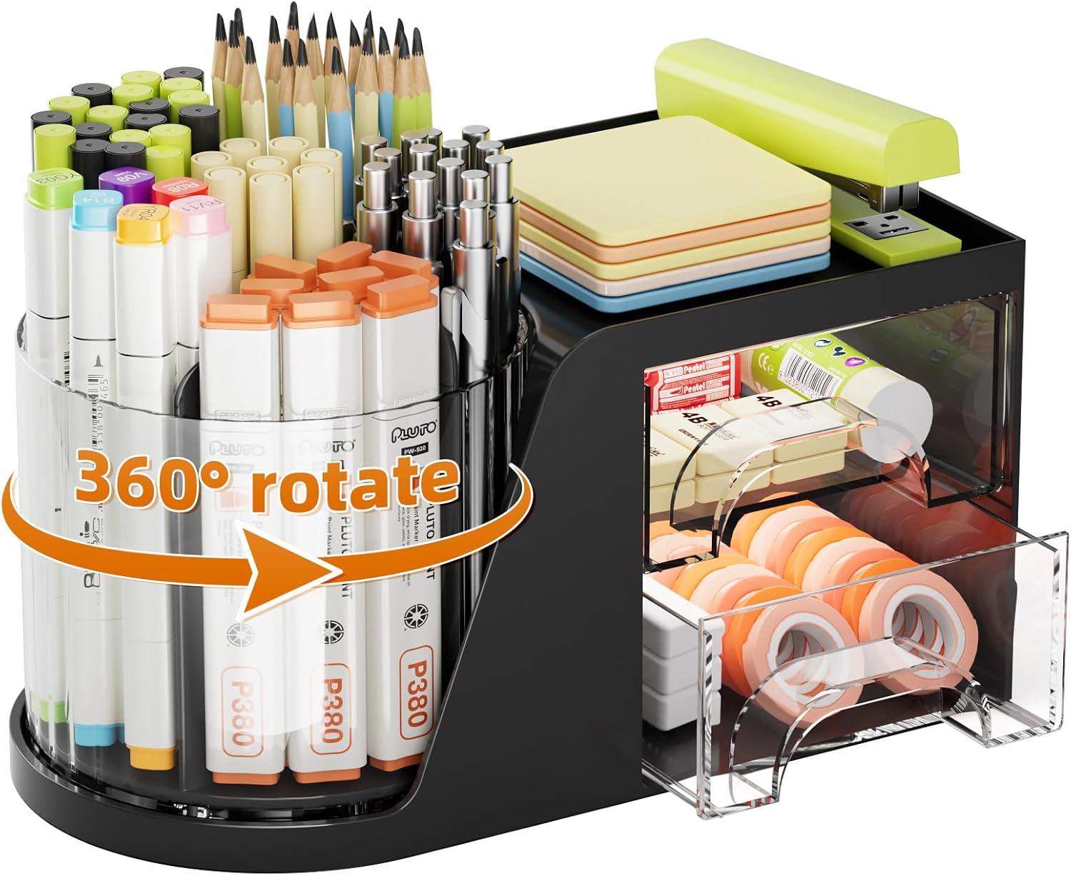Marbrasse Desk Organiser,360-Degree Rotating Pen Holder,Desk Organisers Accessories with 5 Compartments Pencil Organizer,Art Supply Storage Box Caddy for Home Office (Black)