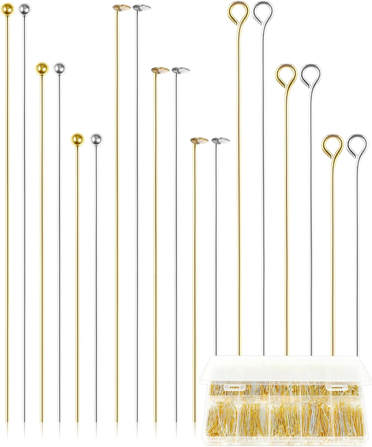 FIVEIZERO 900 PCS Eye Pins, Head Pins and Ball Pins, Gold & Silver, 3 Size