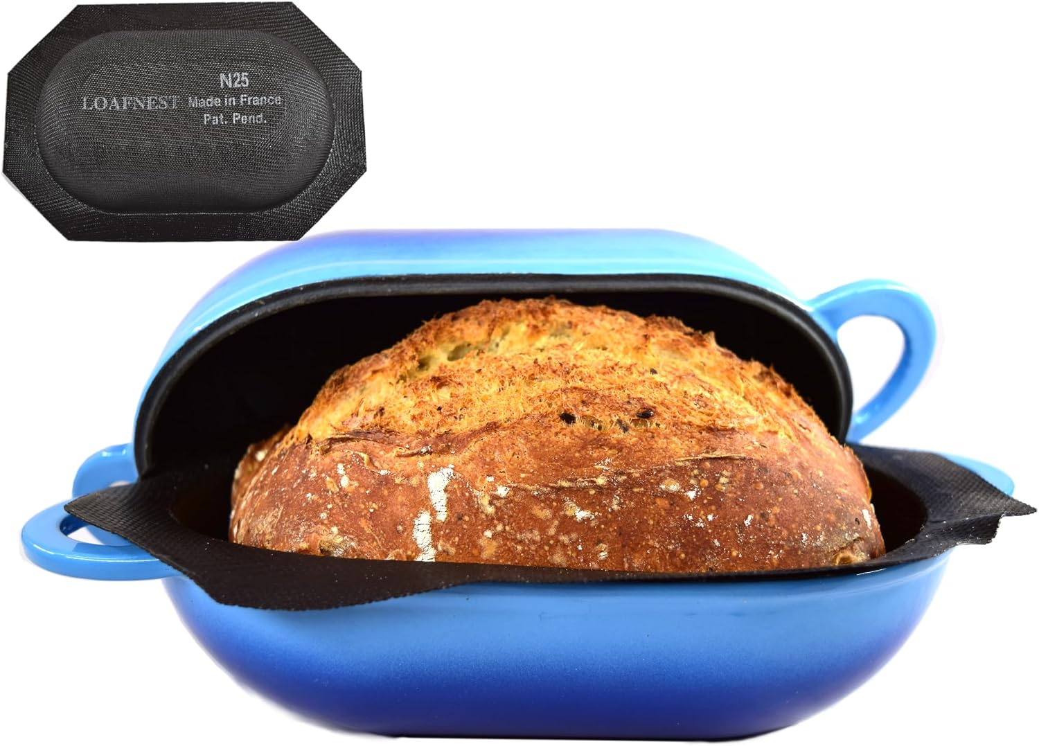 LoafNest World's Easiest Artisan Bread Kit. Cast Iron Dutch Oven [Blue Gradient] and Non-Stick Perforated Silicone Liner