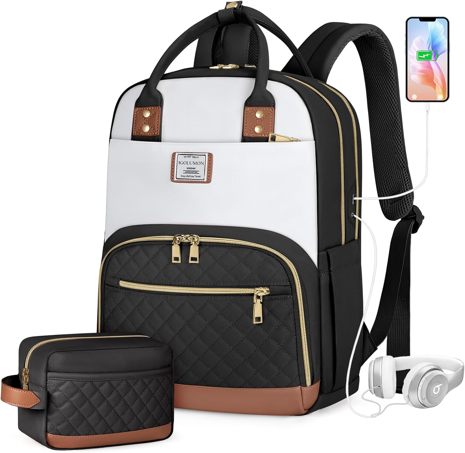 IGOLUMON Laptop Backpack Womens 15,6 inch Travel Rucksack Bag for Women with USB Port Large Water Resistant Back pack Set for Work College Teacher University School Black