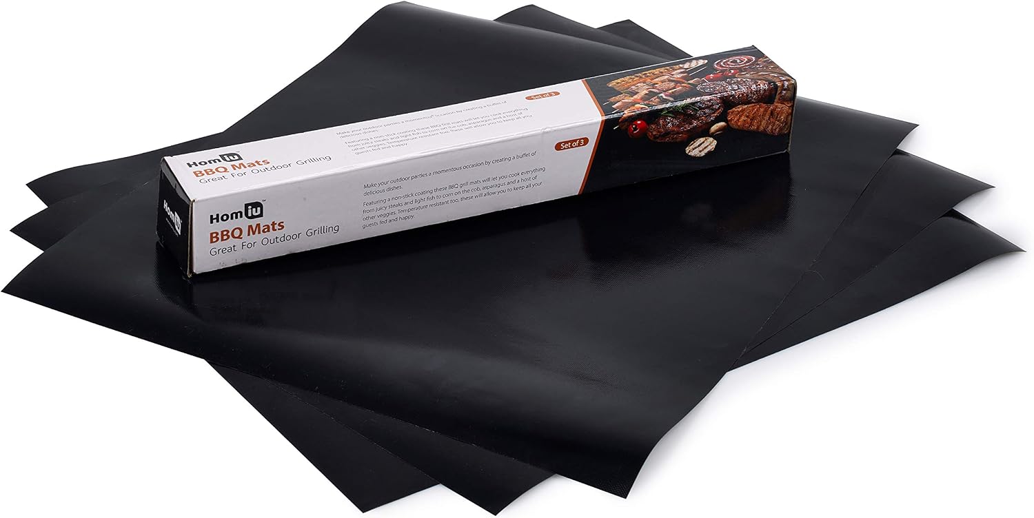 Homiu BBQ Set of 3 Grill Mats Heat Resistant Non-Stick Reusable Best for Grilling Meats Fish Eggs Vegetables Works On Electric Gas Charcoal Dishwasher Safe Easy Clean