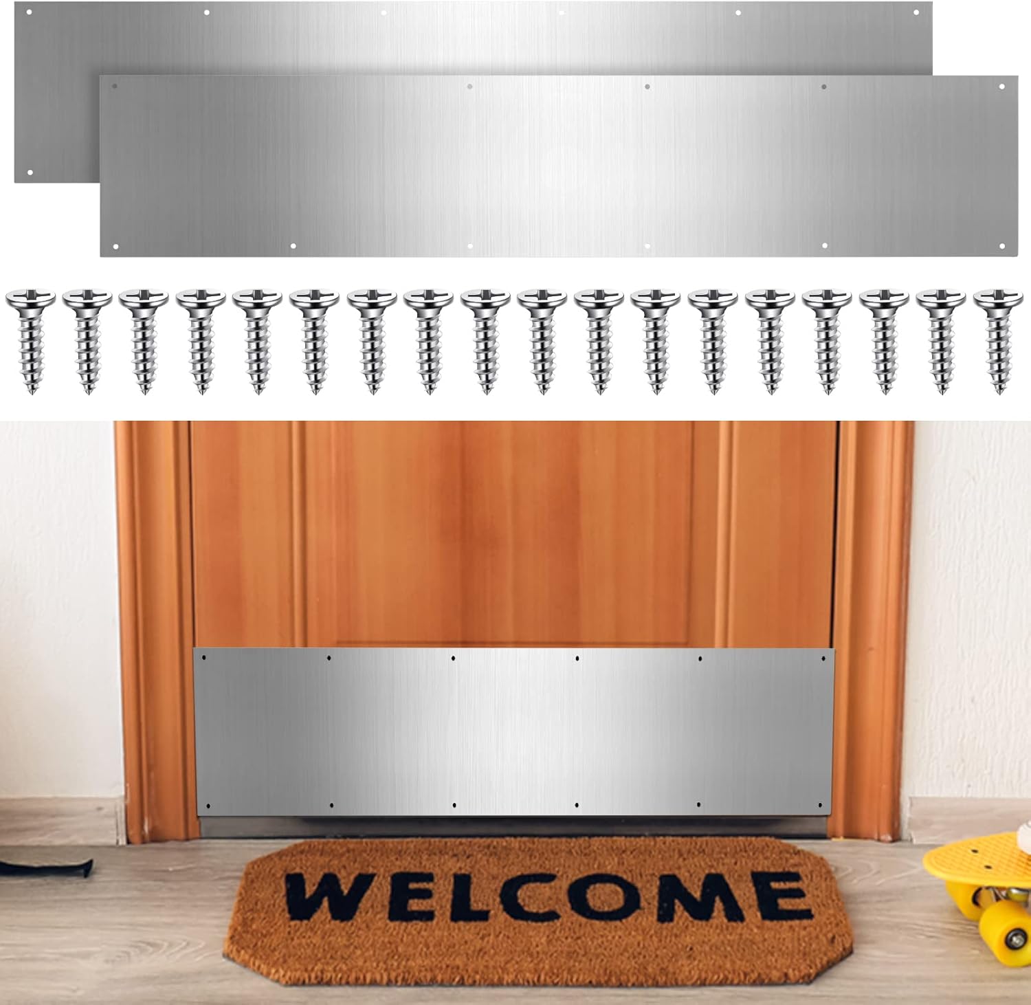 Dunzy 8 x 36 Inches Metal Kick Plate for Bottom of Door Aluminum Kick Plates with Screws for Wood Metal Door Interior/Exterior Anti Scratch Protection(Silver,1 Piece)