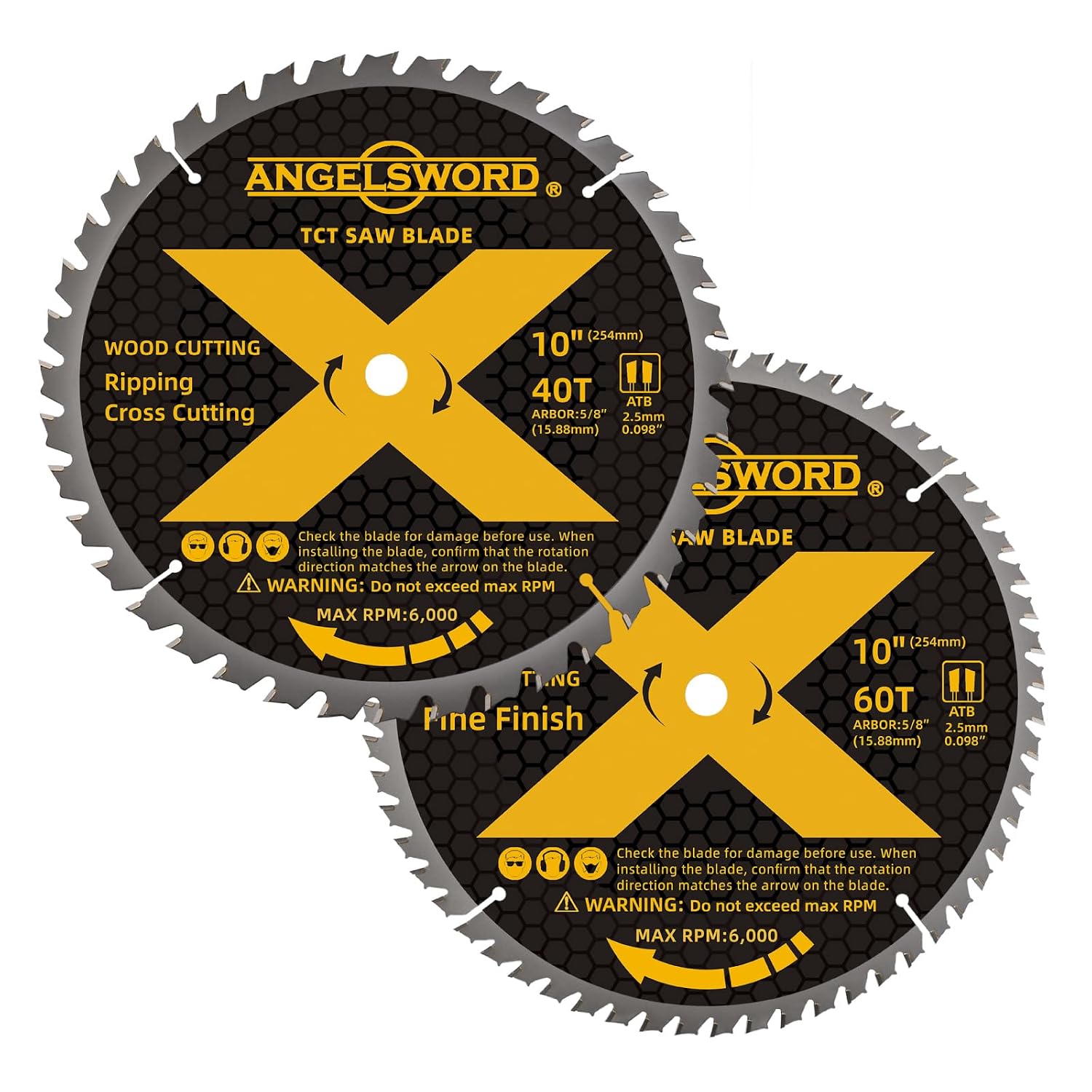 ANGELSWORD 10 Inch Table Saw Blade/Miter Saw Blade, 40T for Ripping, Cross Cutting&60T for Fine Finish Wood Cutting, 2 Pack
