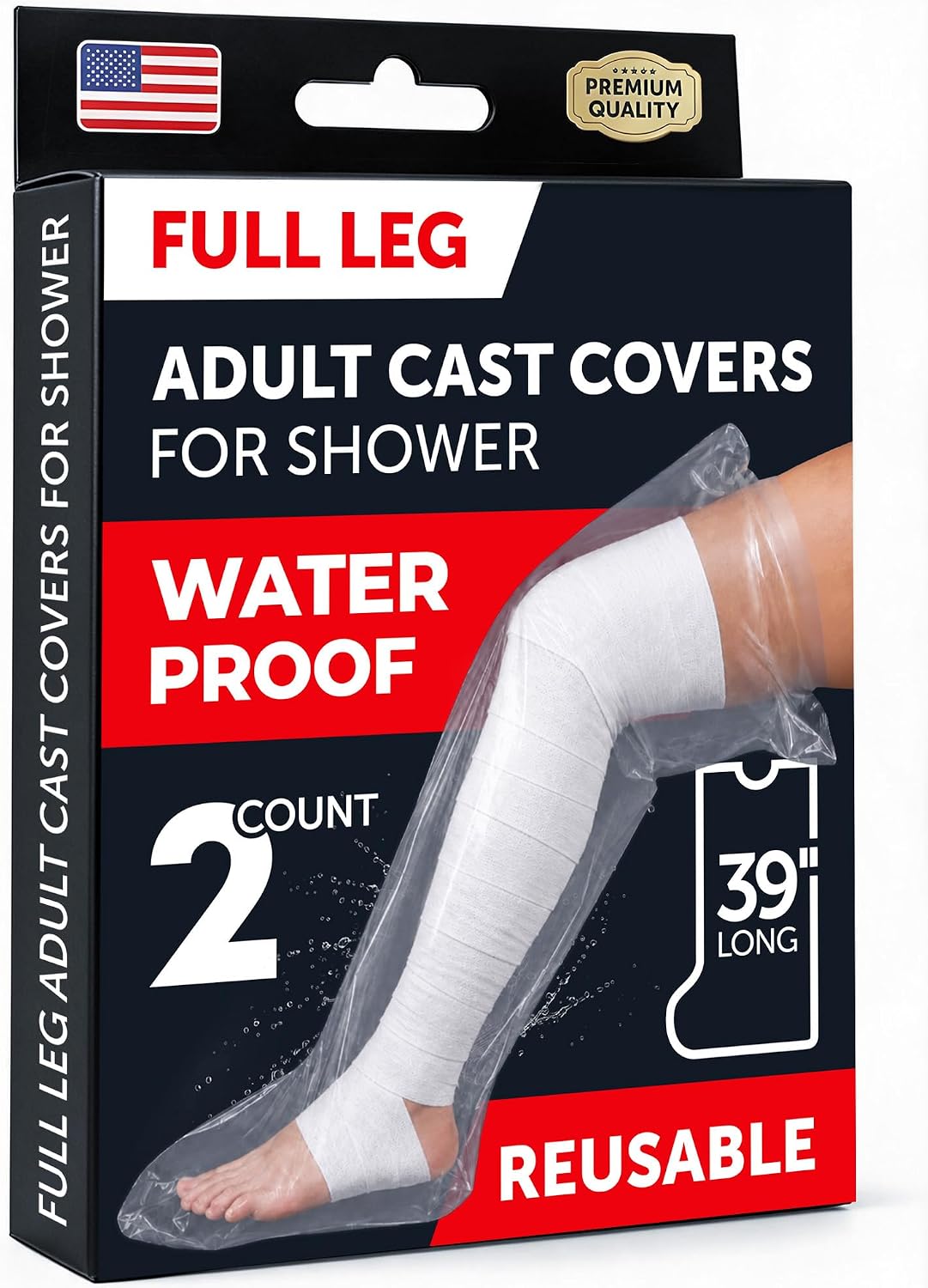 100% Waterproof Cast Covers for Shower Leg - 2pk - Tight Seal - Reusable