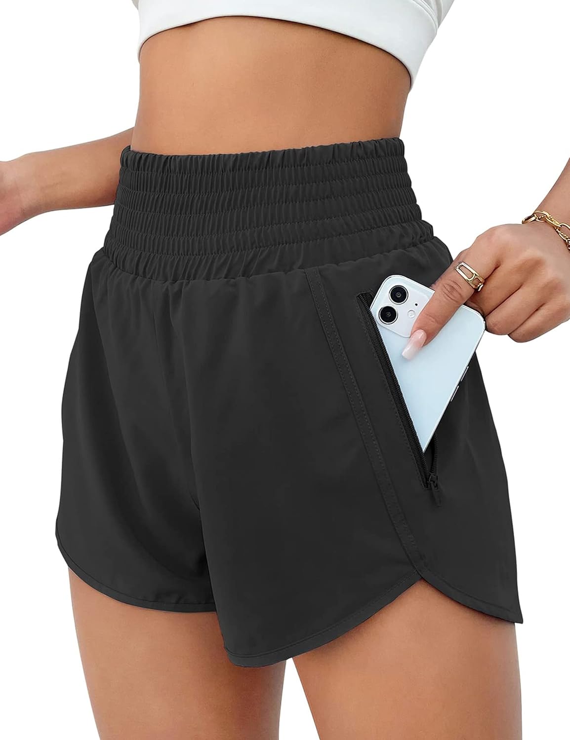 BMJL Women's Athletic Shorts High Waisted Running Shorts Pocket Sporty Short Gym Elastic Workout Shorts