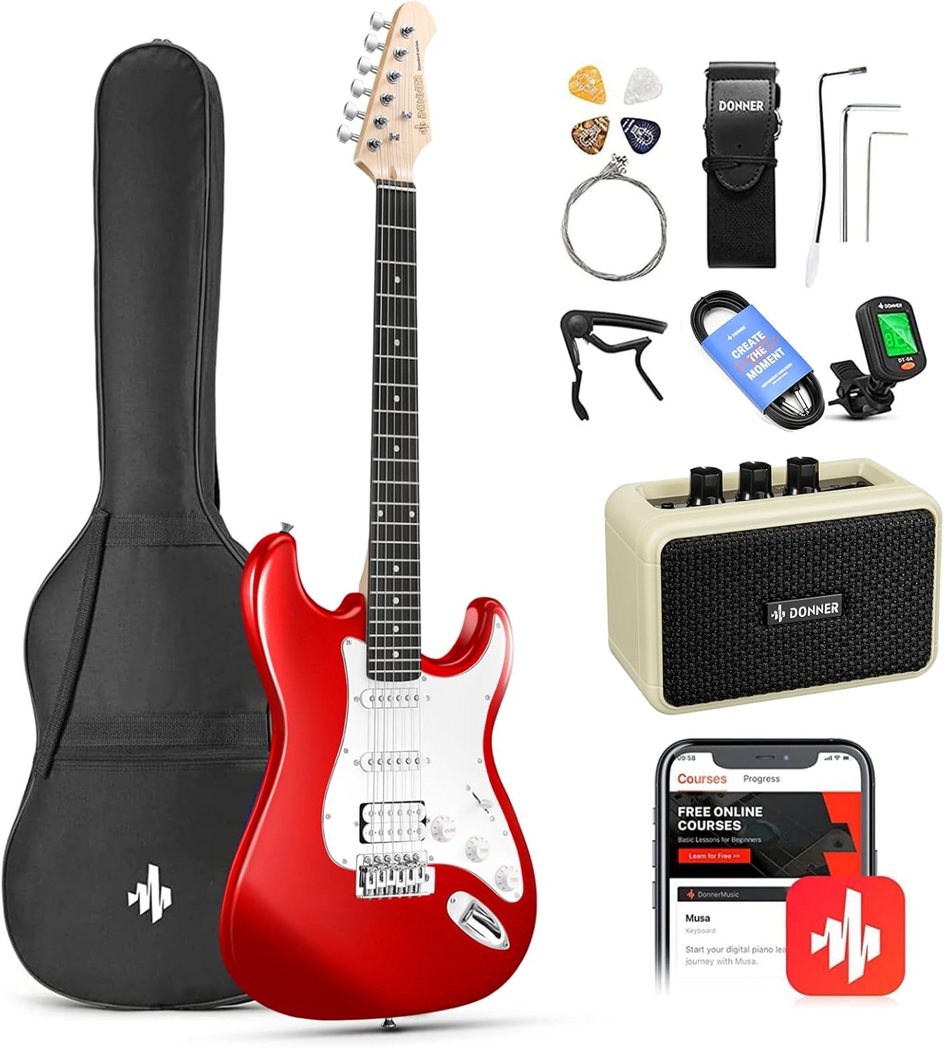 Donner 39 Inch Electric Guitar Beginner Kit Red Full-Size Starter Package HSS Pick Up with All Accessories Amp Online Lesson Bag Tuner Capo Strap String Amp Cable Picks DST-100R