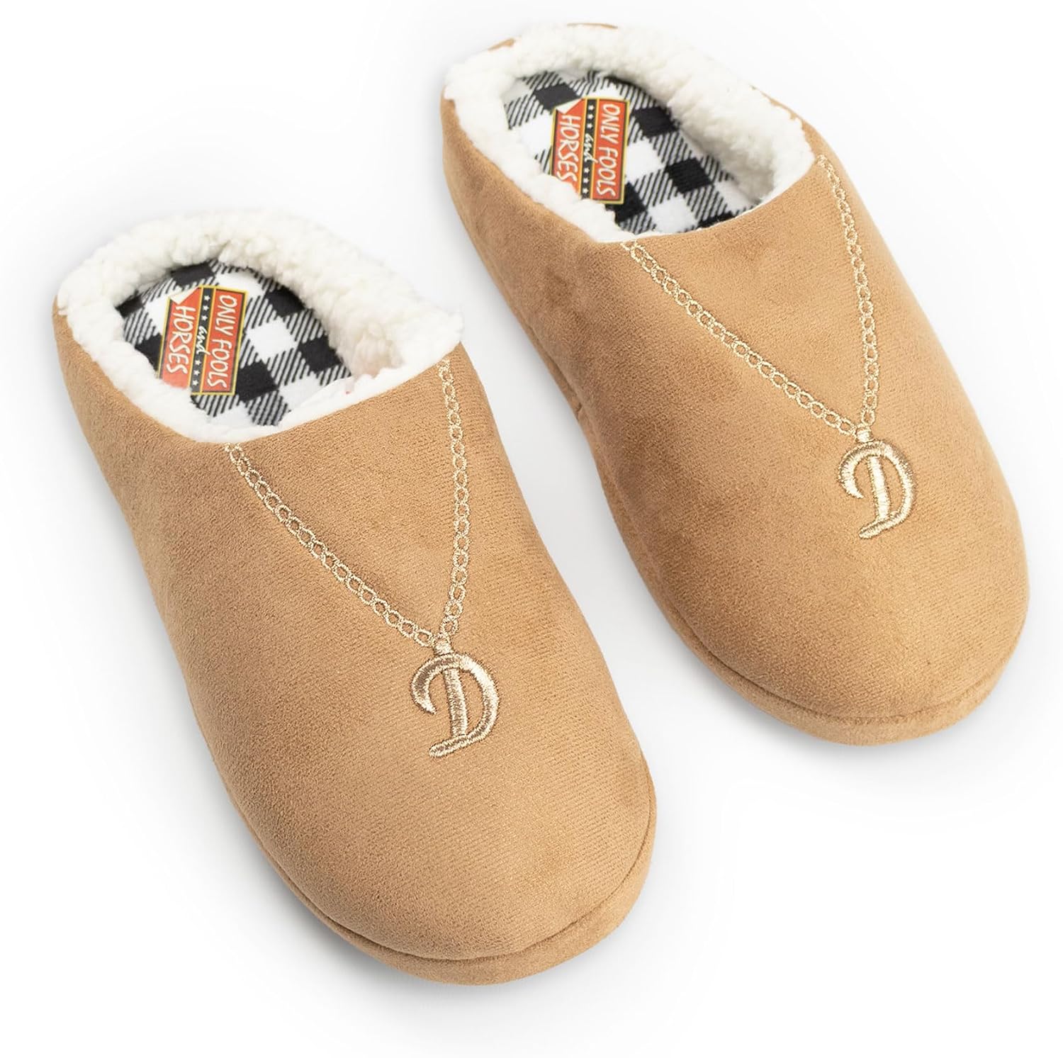Only Fools and Horses Del Boy Mens Mule Slippers | Tan Indoor Slippers with D Initial | Comfortable Lounging Footwear | Perfect for Relaxing at Home Merch