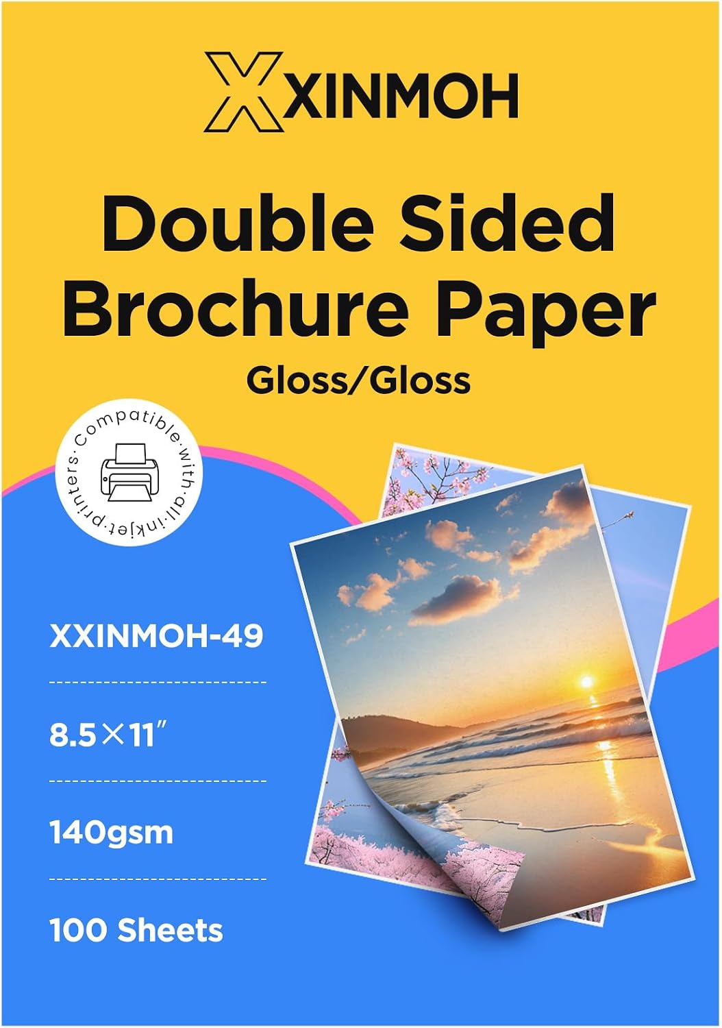 XXINMOH 100 Sheets Inkjet Glossy Brochure and Flyer Paper 8.5x11 Inch 37lbs 140gsm, Photo Printing Paper, Glossy Cardstock, Professional Quality Double Sided Instant Dry and Water-Resistant
