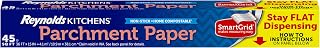 Reynolds Kitchens Stay Flat Dispensing Parchment Paper for Baking and Roasting, Parchment Paper Roll, Great for Baking and Rolling Dough, Non-stick, Reusable Up to 3x, 45 Sq. Ft.