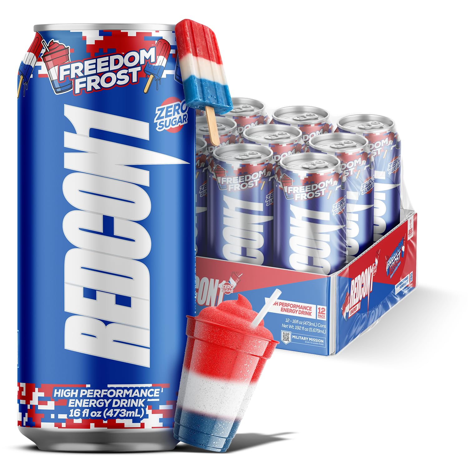 REDCON1 Energy High Performance Drink, Freedom Frost - Zero Sugar Energy Drink with Alpha GPC Nootropic - 200mg Natural Caffeine from Green Coffee Beans - Vitamin B6, B12 & B5 to Boost Mood (12 ct)