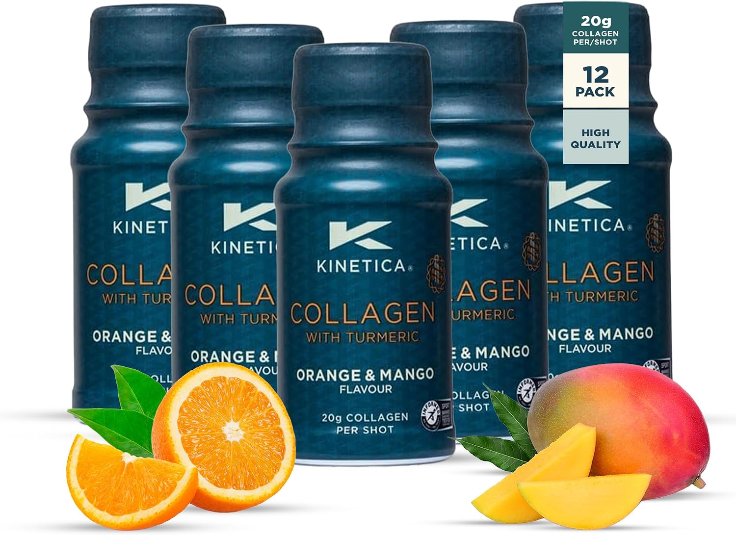 Kinetica Sports Collagen Shots with Turmeric - Orange & Mango Flavour | 20,000mg Bovine Collagen/Shot, 12 Shots/Pack | Contains 50mg Vitamin C | Beneficial for Joint, Ligament, Muscle & Skin Health