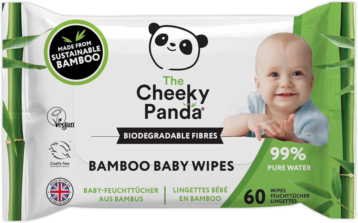 The Cheeky Panda Bamboo Biodegradable Baby Wipes | 99% Purified Water, Suitable for Sensitive Skin | Dermatologically Tested