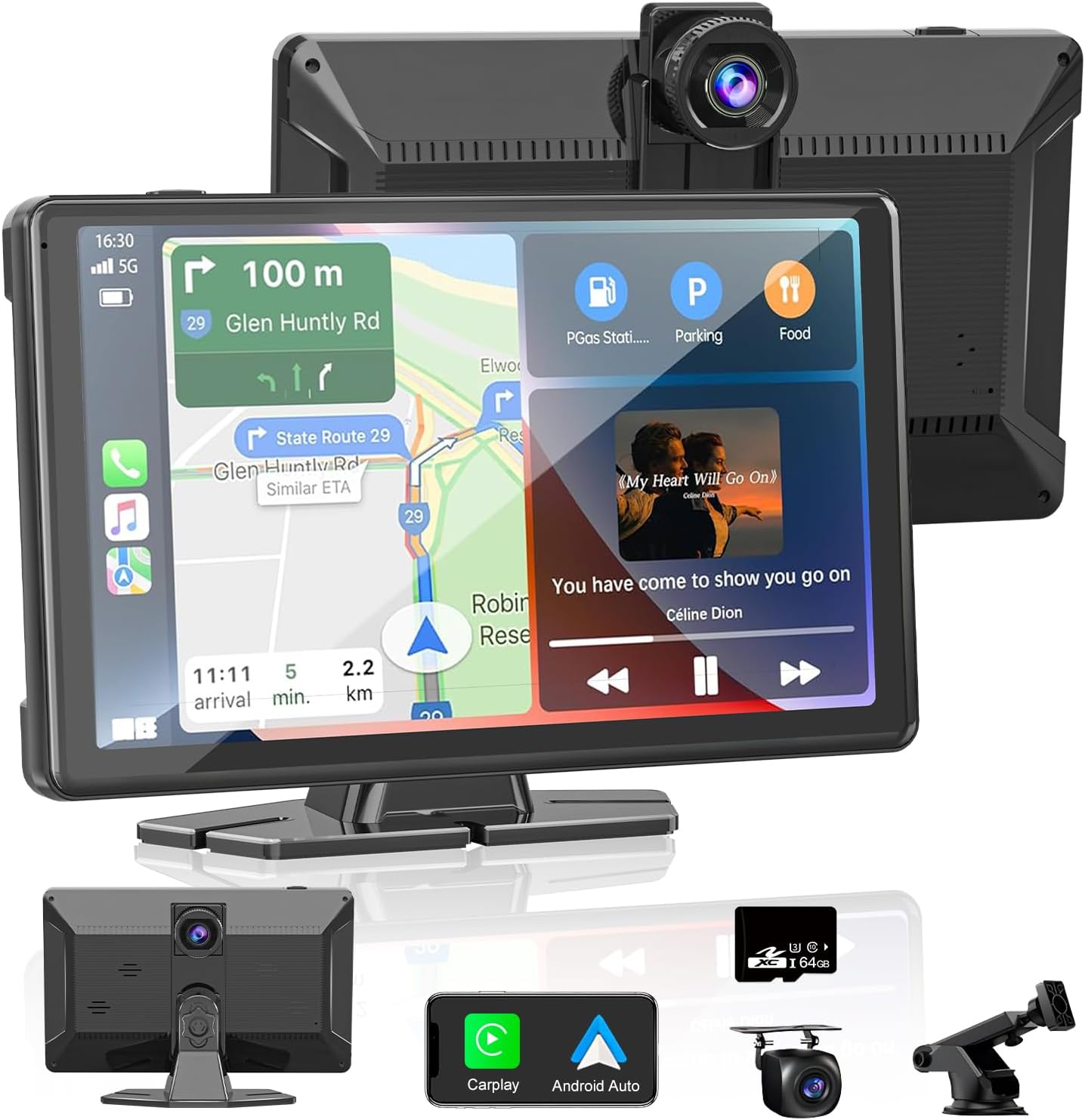 9 Inch Wireless CarPlay for Apple Car Play & Android Auto, Car Play Screen with 4K Front Dash Cam, 1080P Rear Camera,GPS Navigation,Voice Control,Mirror Link, Bluetooth for Carplay-Supported Vehicles