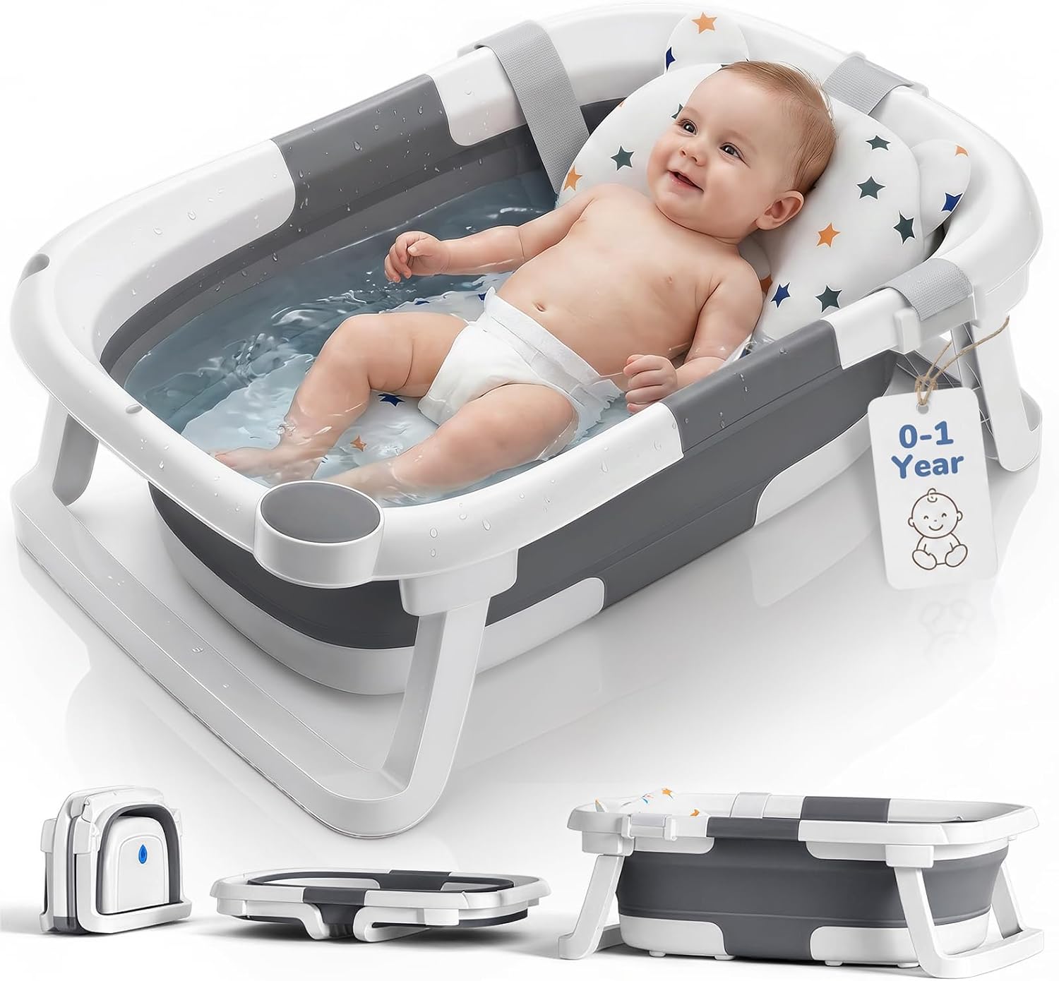 DEANIC Baby Bath Tub for 0-6-12 Months Newborn, Foldable Toddler Bath with Soft Cushion Pad, Portable Baby Bathtub Travel Save Space (Grey)