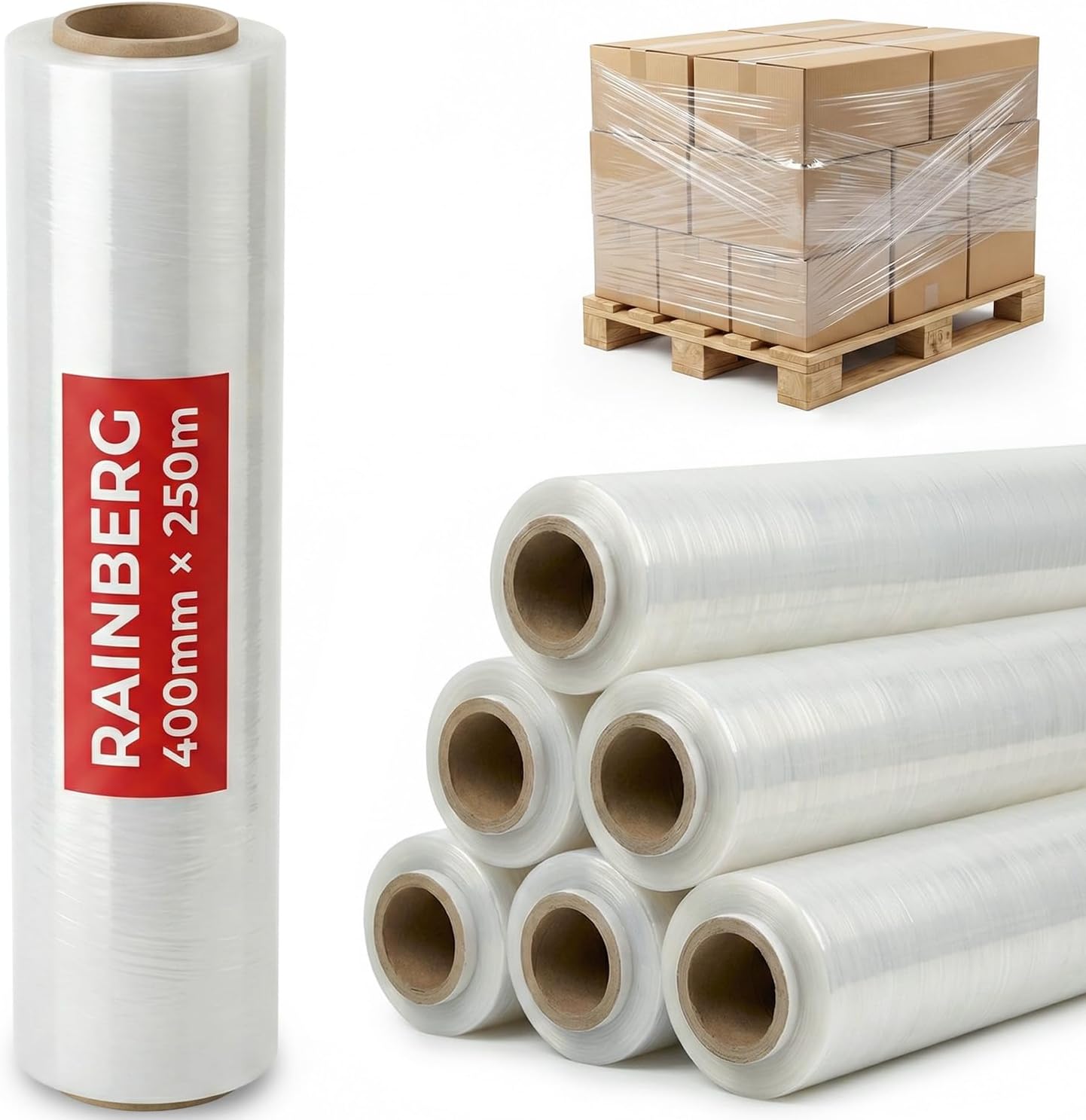 Rainberg Strong Heavy-Duty Stretch Film for Pallet Wrapping, Packaging, and Moving for Furniture, Luggage, and Parcels, Water & Moisture Proof Pallet Stretch Shrink Wrap rolls 400mm x 250m (Clear, 6)