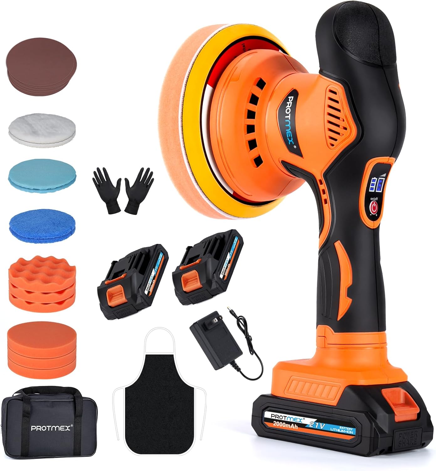 Protmex Cordless Car Buffer Polisher, 6IN Car Buffers And Polishers Kit, 6 Variable Speed Car Polishing Kit, 2*21V 2.0Ah Batteries Cordless Polisher For Car Detailing/Polishing/Waxing/Scratch Removing