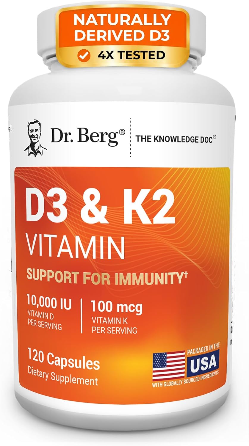 Dr. Berg Maximum Strength 7-in-1 Vitamin D3 K2 10,000 IU | Naturally Derived D3 | 4X Lab-Tested & Verified | High Absorption Formula | K2 D3 Vitamin Supplement | 120 Capsules