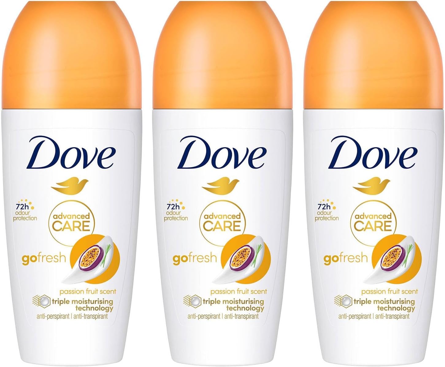Dove Deodorant Roll On Advance Care Go Fresh Passion Fruit Scent 72H Odour Protection Anti-Transpirant and Anti-Perspirant for Women with Triple Moisturising Technology 50ml, 3 Pack