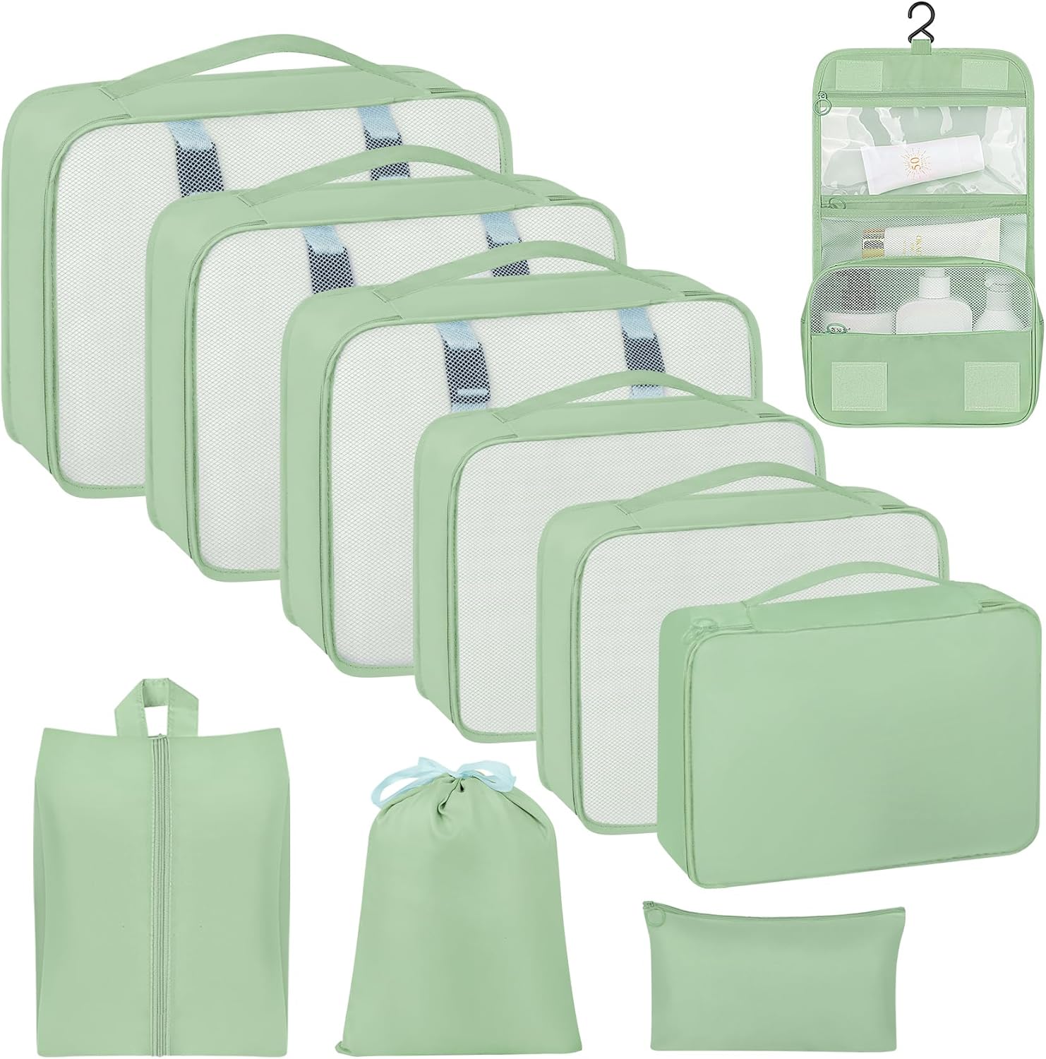 10 Set Packing Cubes for Travel, Travel Packing Cubes with Hanging Toiletry Bag and Shoe Bag, Luggage Organizer Bags for Suitcase Travel Essentials Women Men