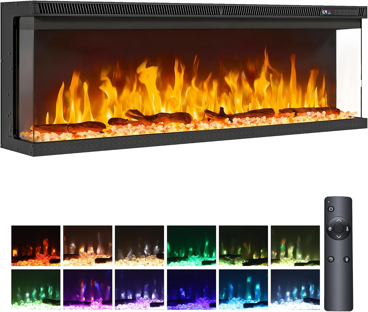 TAUS 40"/102cm 3 Sided View Electric Fireplace, Media Wall Inset Fireplace with Logs Freestanding or Recessed, Electric Fire with 12 Colour Flame Effect Remote Control & Real Logs, 900W/1800W