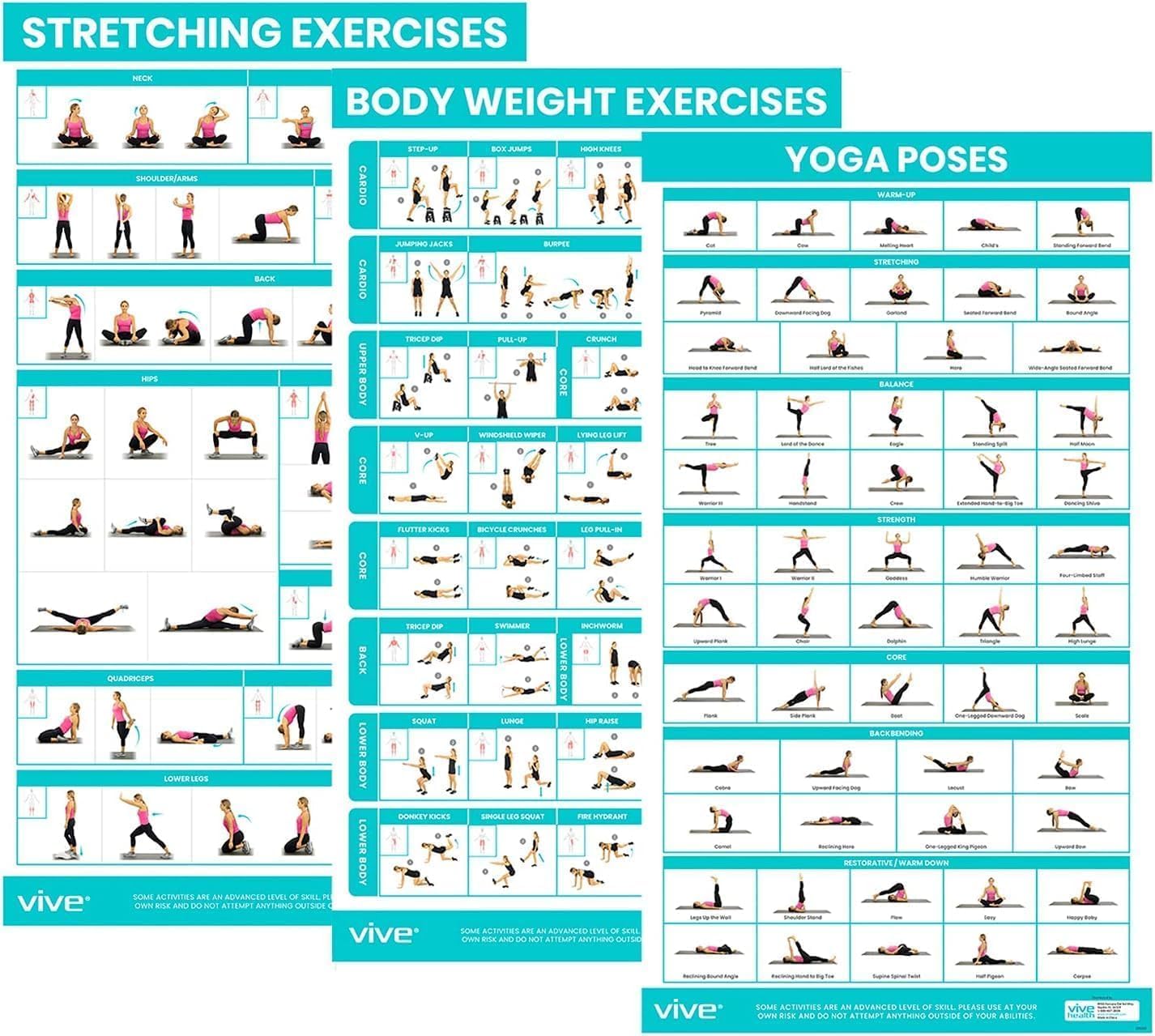 Vive Workout Posters for Home Gym (3 Pack) - Bodyweight, Yoga Poses, Stretching Exercises - Home Equipment Accessories Fitness Guide Chart Motivation Sequence for Women, Men, Kids - Laminated, Colored