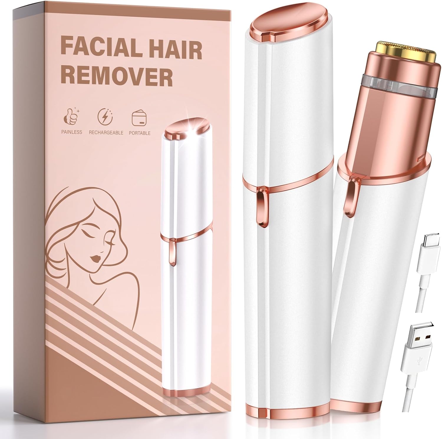 Facial Hair Removal for Women: Painless Rechargeable Face Shaver Electric Hair Remover Device for Peach Fuzz Upper Lip Chin (White)