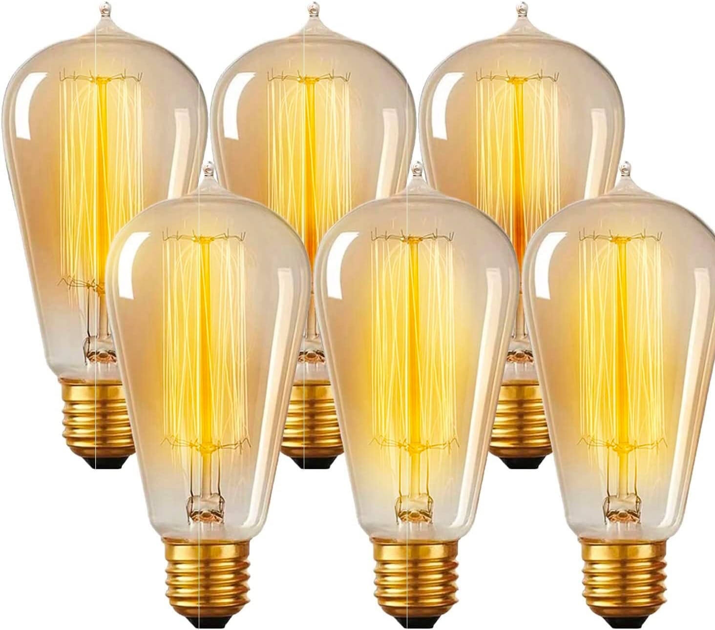 Vintage Incandescent Edison Light Bulbs, 60W, E26/E27 Base, 2100K Dimmable Decorative Lights, ST58 Style Amber Warm Glow, Antique Squirrel Filament for Outdoor and Indoor Use - 6 Pack