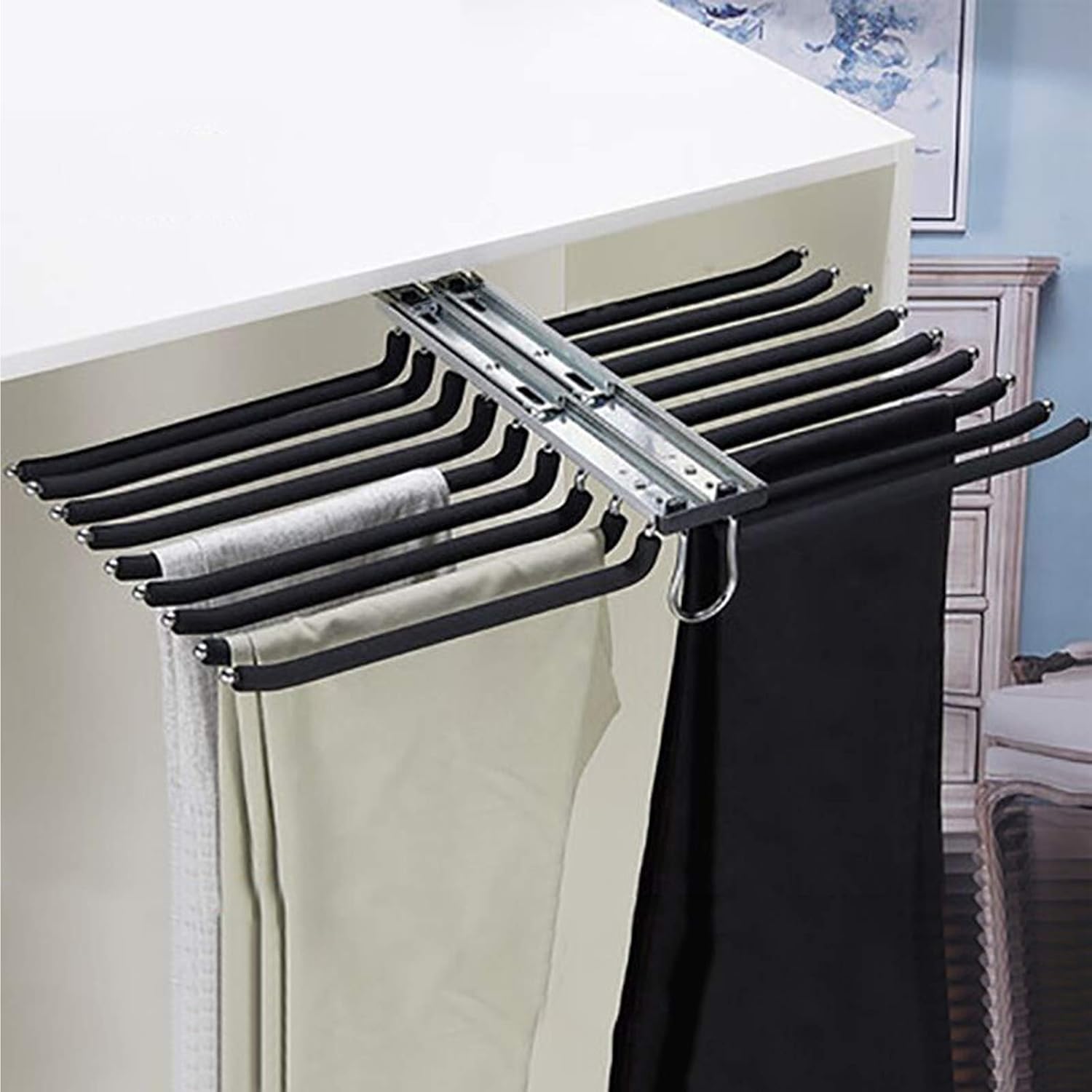 Pull-Out Trousers Rack Drawer,Pants Hangers,Multi Functional Pants Rack,Space Saving,Easy Installation,Non-Slip,Can Store 18 Pairs of Pants (Black)