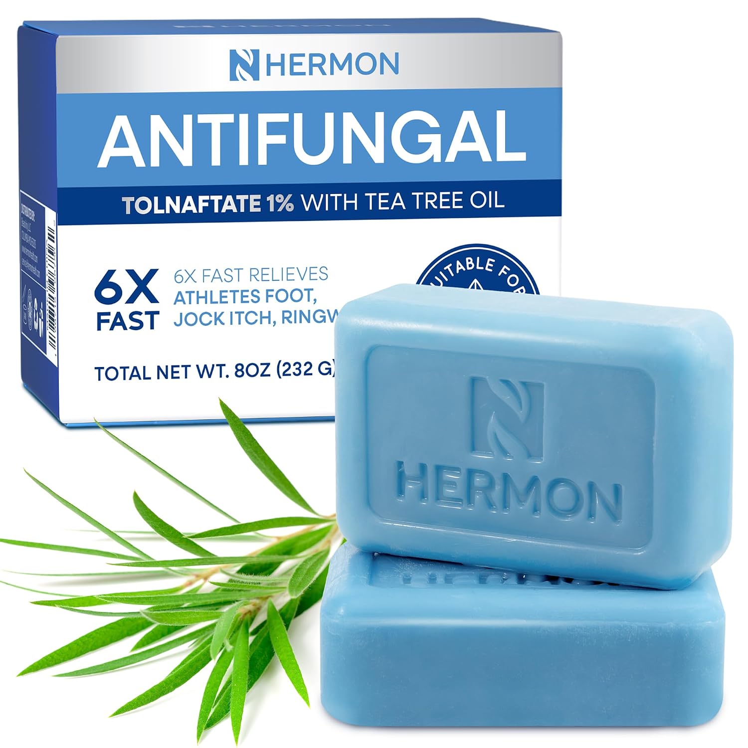 Hermon Antifungal Soap with Tea Tree Oil: Antifungal Bar Soothing Care & Relief of Itchy for Ringworm Jock Itch Athletes Foot - Body & Face Wash (1-Pack (2 Bars Original Tea Tree))