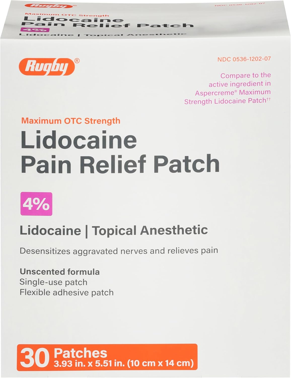 Rugby Maximum Strength Lidocaine Pain Relief Patch - 4% Lidocaine - Topical Anesthetic - Unscented - 30 Patches (1 Pack)