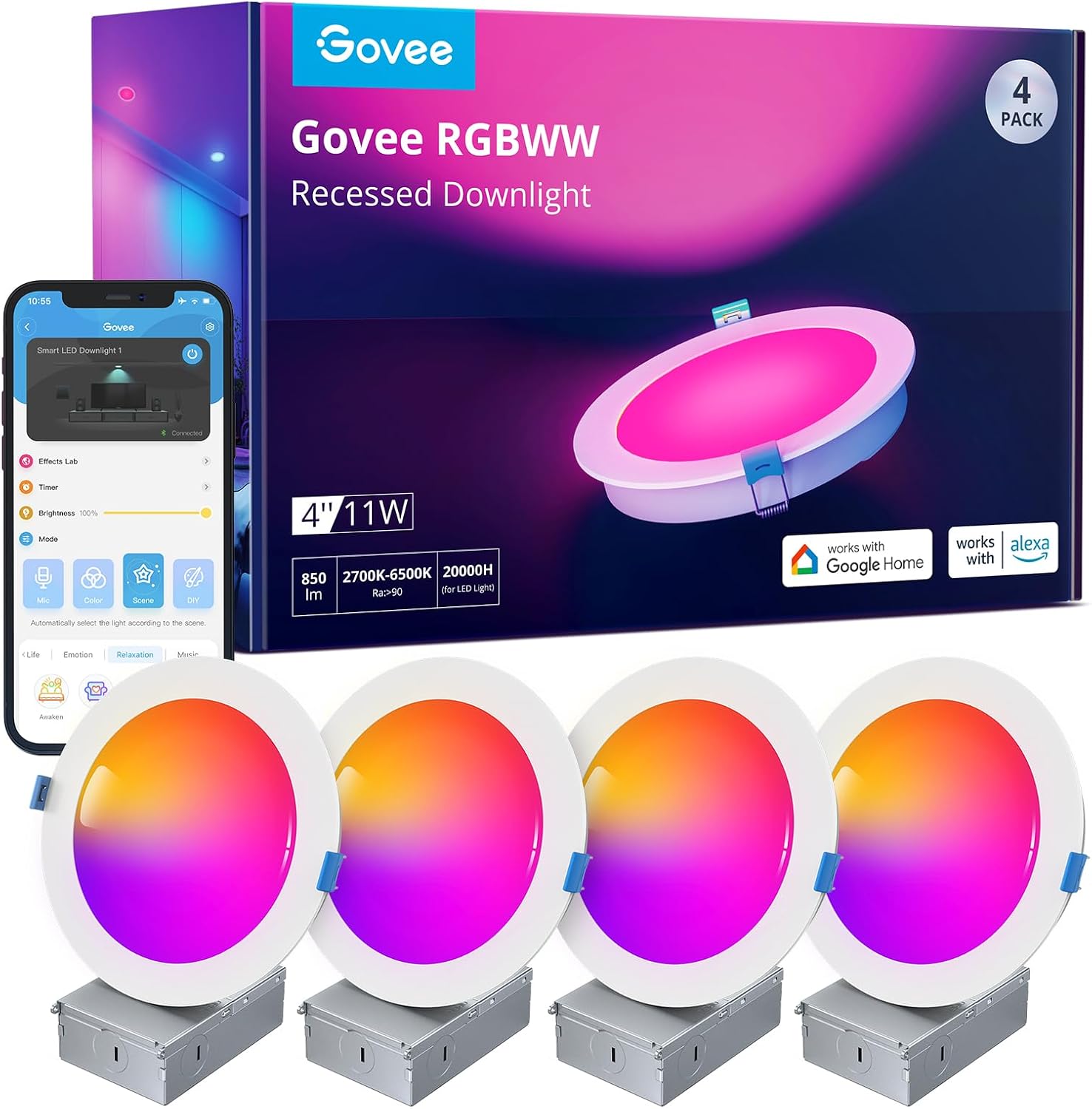 Govee Smart Recessed Lighting 4 Inch, Wi-Fi Bluetooth Direct Connect RGBWW LED Downlight, 65 Scene Mode, Work with Alexa & Google Assistant, LED Recessed Lighting with Junction Box, 850 Lumen, 4 Pack