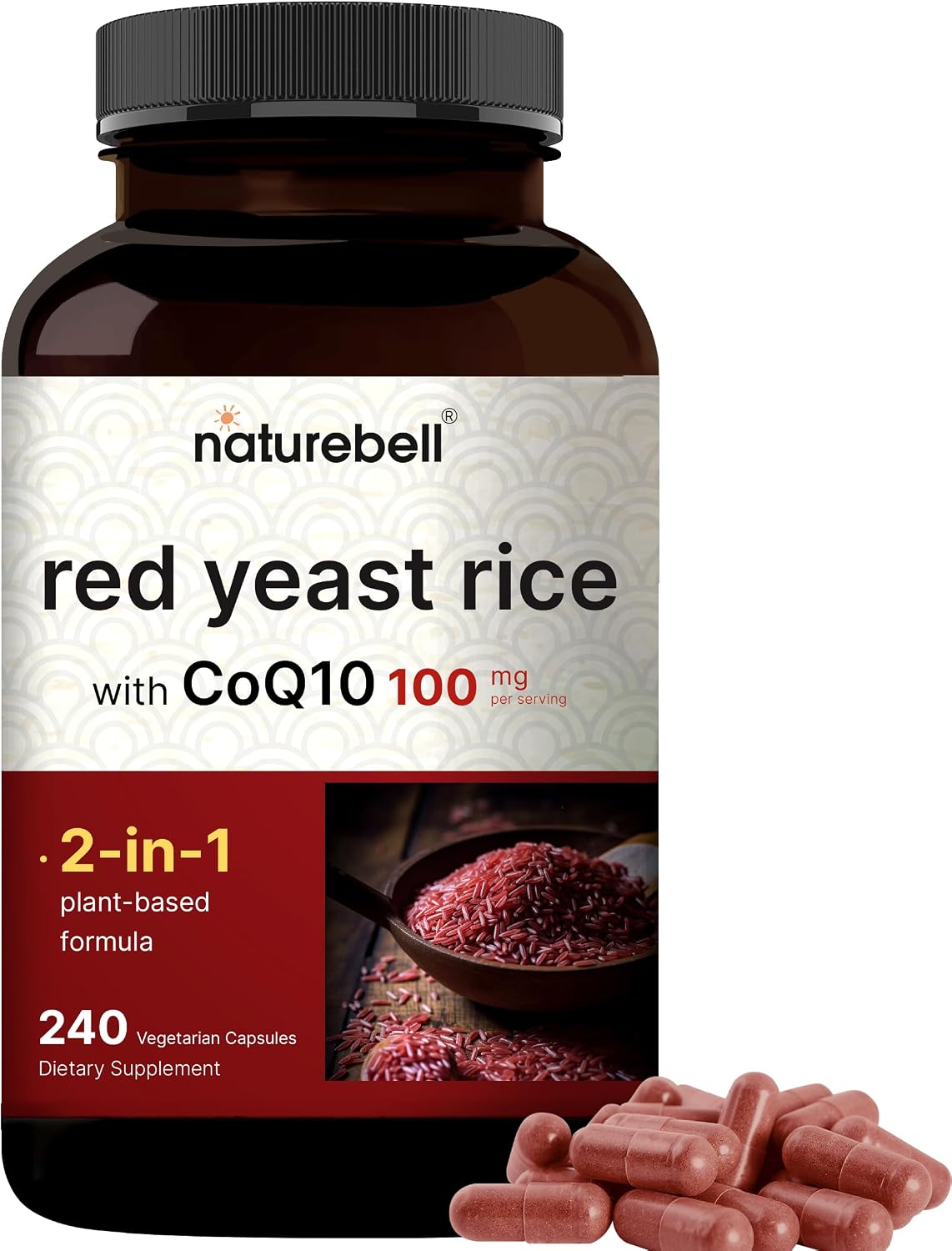 Red Yeast Rice 2,400mg with CoQ10, 240 Veggie Capsules (1,200mg Per Capsule) | Advanced Heart Health Herbal Supplement – Antioxidant Support for Energy & Heart Health – Non-GMO