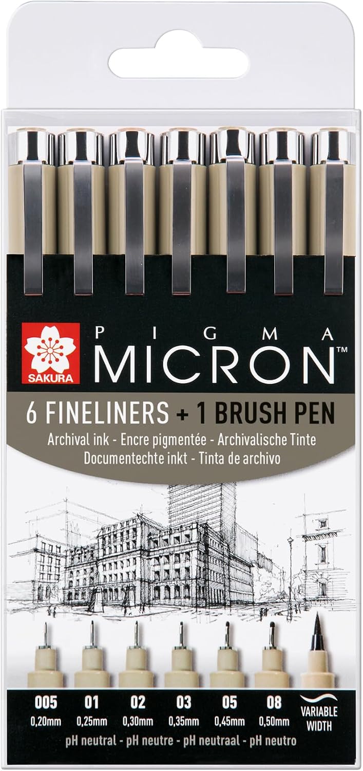 SAKURA Pigma Micron Fineliner Pens Set of 6 + Brush Pen | Waterproof, Permanent Black Ink | Pens for Writing, Drawing & Journaling