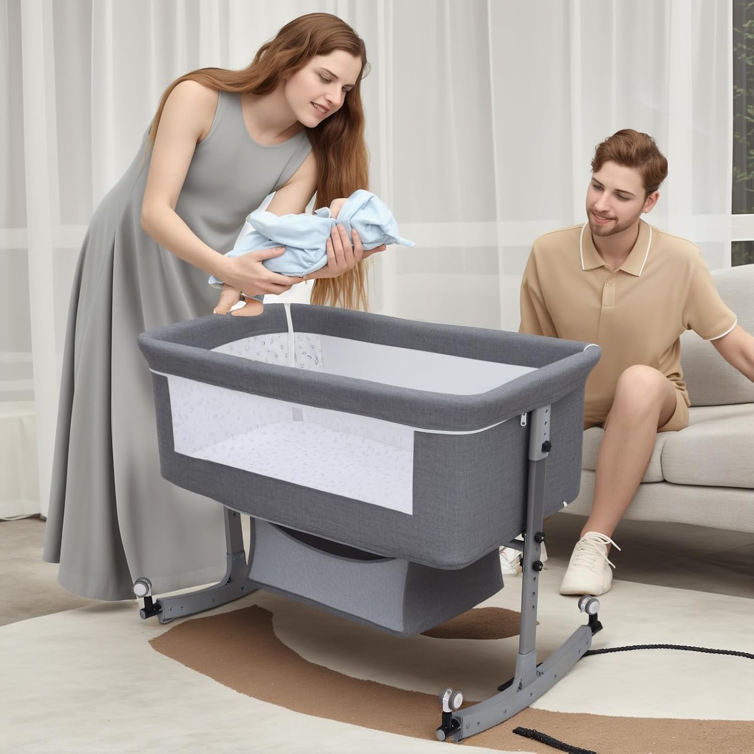 OSKOPWRC Baby Bassinet, Height Adjustable Bedside Crib with Rocking Base & Wheels, Portable Infant Cradle with Mosquito Net, Newborn Sleepers for Co-Sleeping Grey